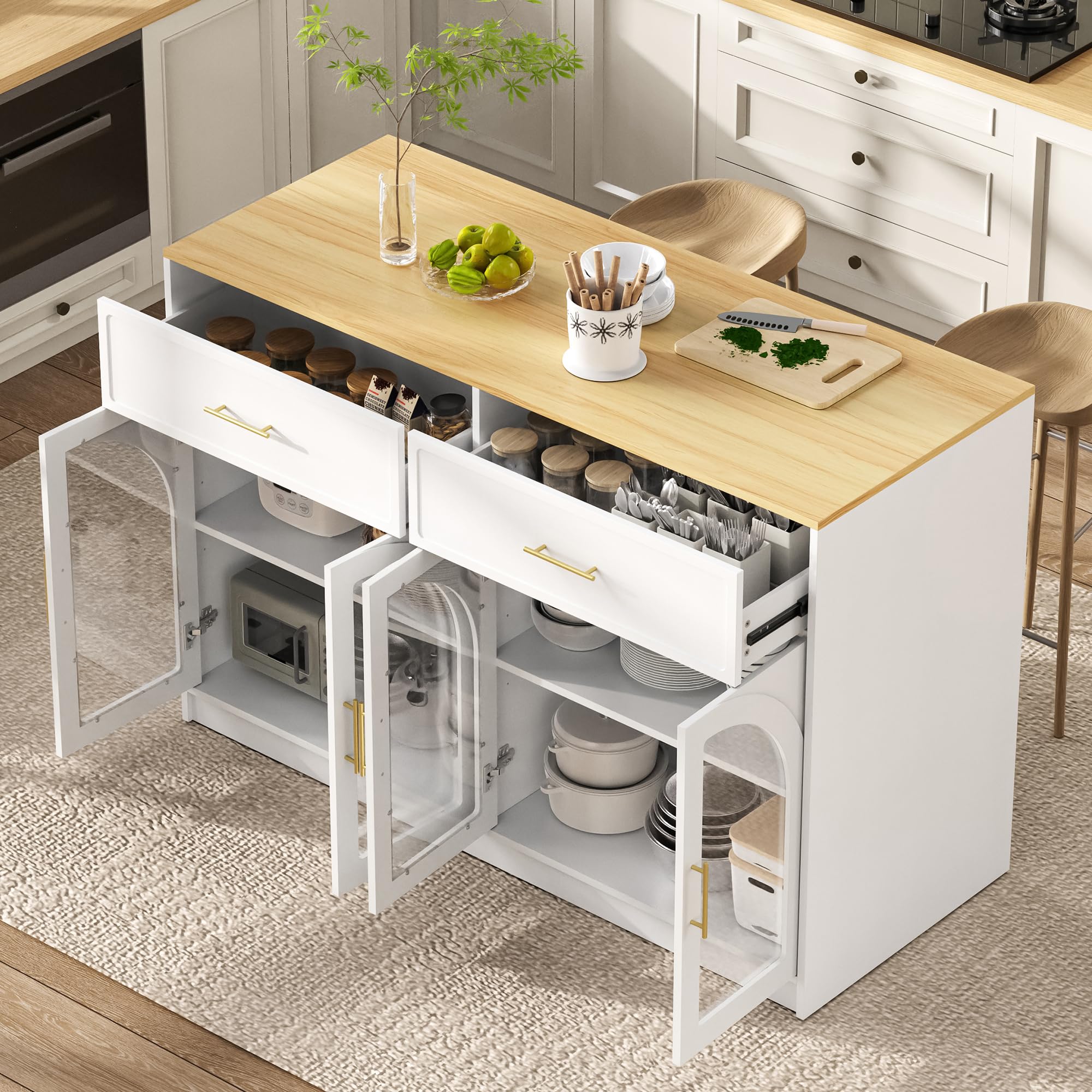 Isola da cucina con grande piano di lavoro, mobile da cucina autoportante con cassetti, ripiani regolabili e ante ad arco trasparenti, per sala da pranzo e cucina, bianco