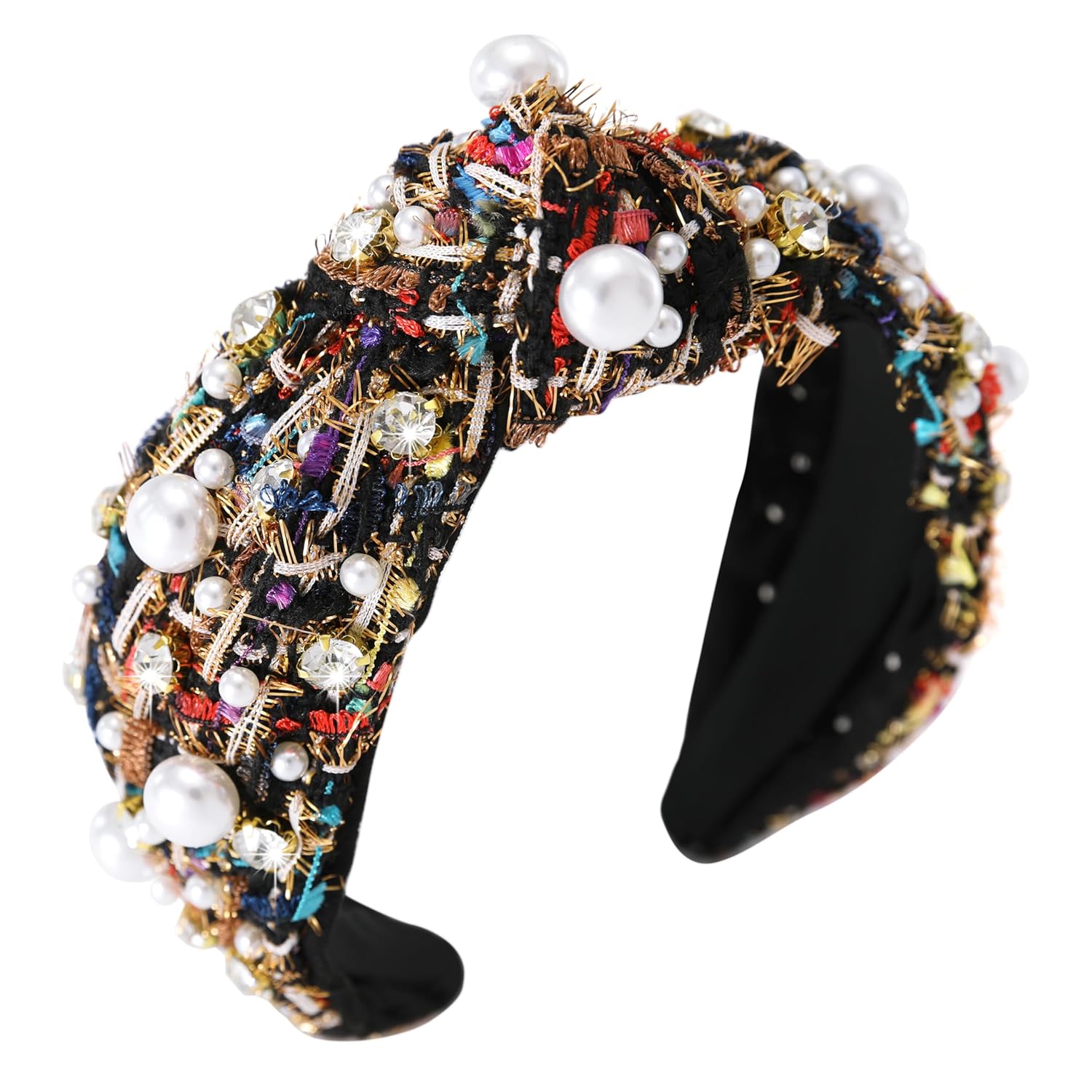 Pearl Rhinestone Tweed Headband for Women Sparkle Luxury Plaid Knotted Headband Wide Vintage Ladies Embellished Hairband Fashion Holiday Hair Accessories for Girls Black Rainbow