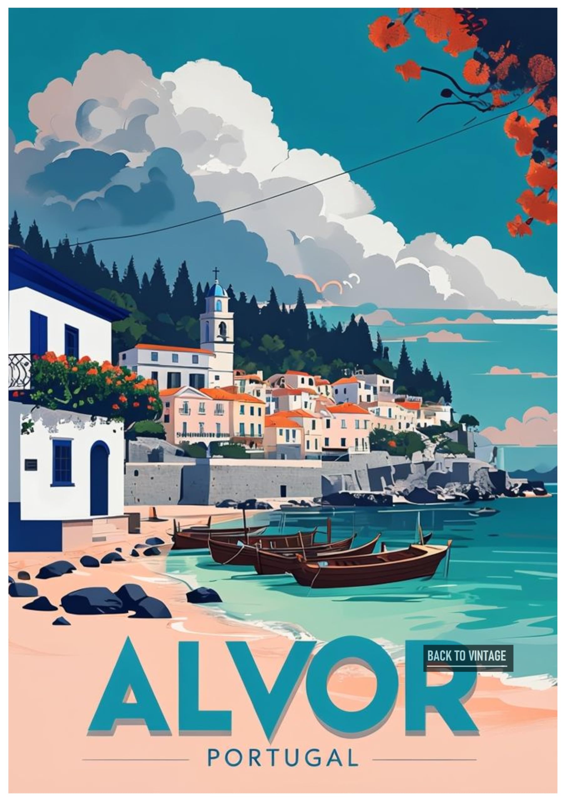 Back To Vintage Multicoloured Vintage Travel Poster Illustration Of Alvor Portugal Coastal Scene - Retro Europe Travel Poster A4 Size Vintage Wall Art Print Of Famous European Destinations Ideal For Home Or Office Decor