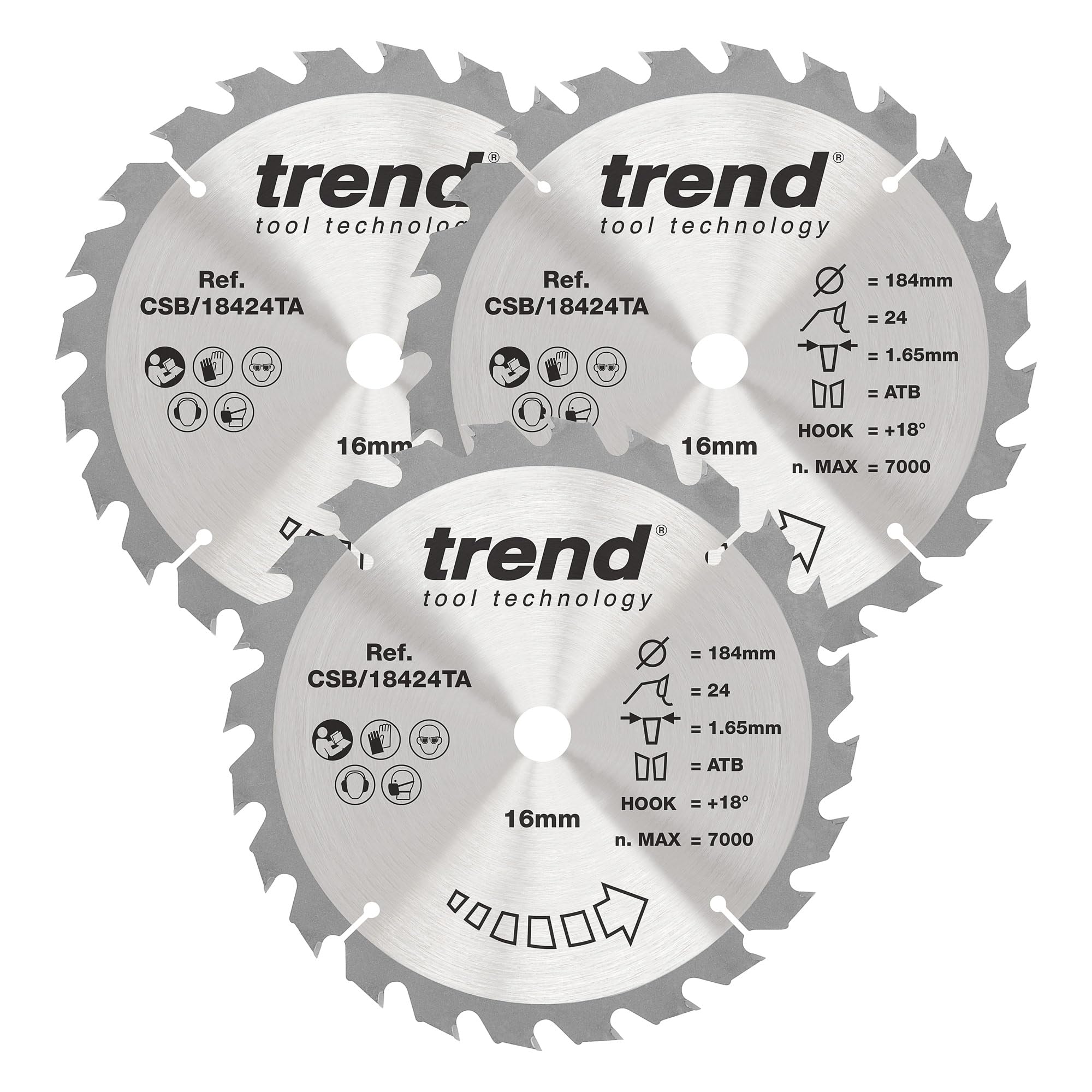 Trend Wood Cordless Circular Saw Blade, 184mm Diameter, 16mm Bore, 24 Teeth, 1.65mm Kerf, 18° Hook, TCT, Coarse Finish, 3 Pack, CSB/184/3PK/A