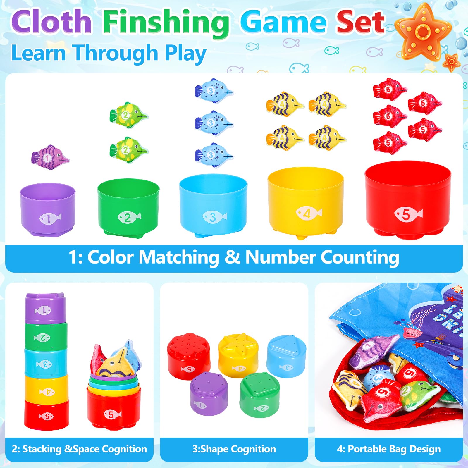 Giochi Bambini 1 Anno, 22 Pezzi Pesca Morbidi, Giochi Montessori 1 Anno Regalo Bambino, con 15 Pesci, Interattivi Educativo Gioco Bambino 1 2 3 Regali per Compleanno Natale
