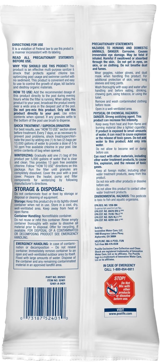 Poolife Clean Shock - Shock Pool Treatment - Fast Dissolving Pool Chlorine Granules, Kills Bacteria & Algae, Water Balance Friendly, UV Degradation Resistant Formula - 1 Lb (12 Bags)