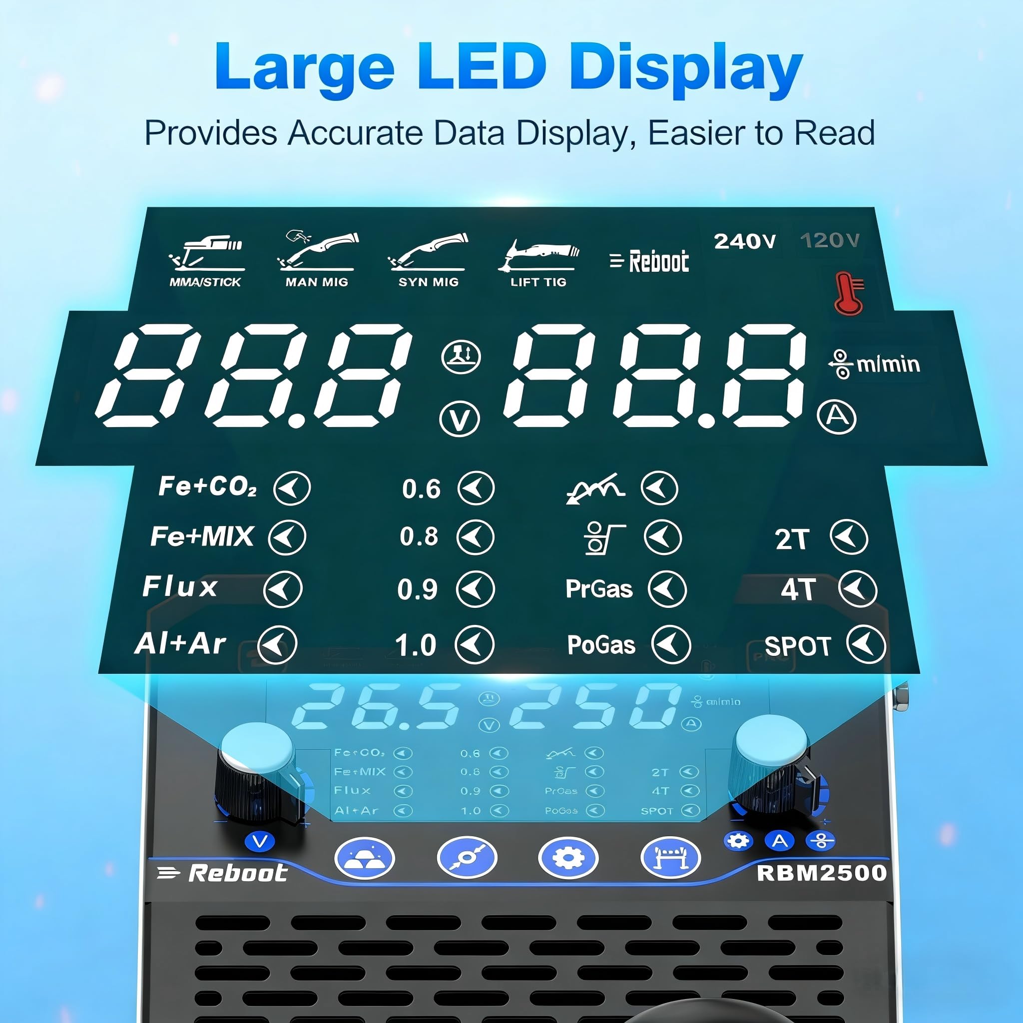 Reboot Soldadora multifunción 7 en 1 205 A – MIG/MAG, sin gas, MMA, Lift-TIG, soldadura por puntos, preparación de aluminio, pantalla digital, 240 V, ideal para bricolaje y taller