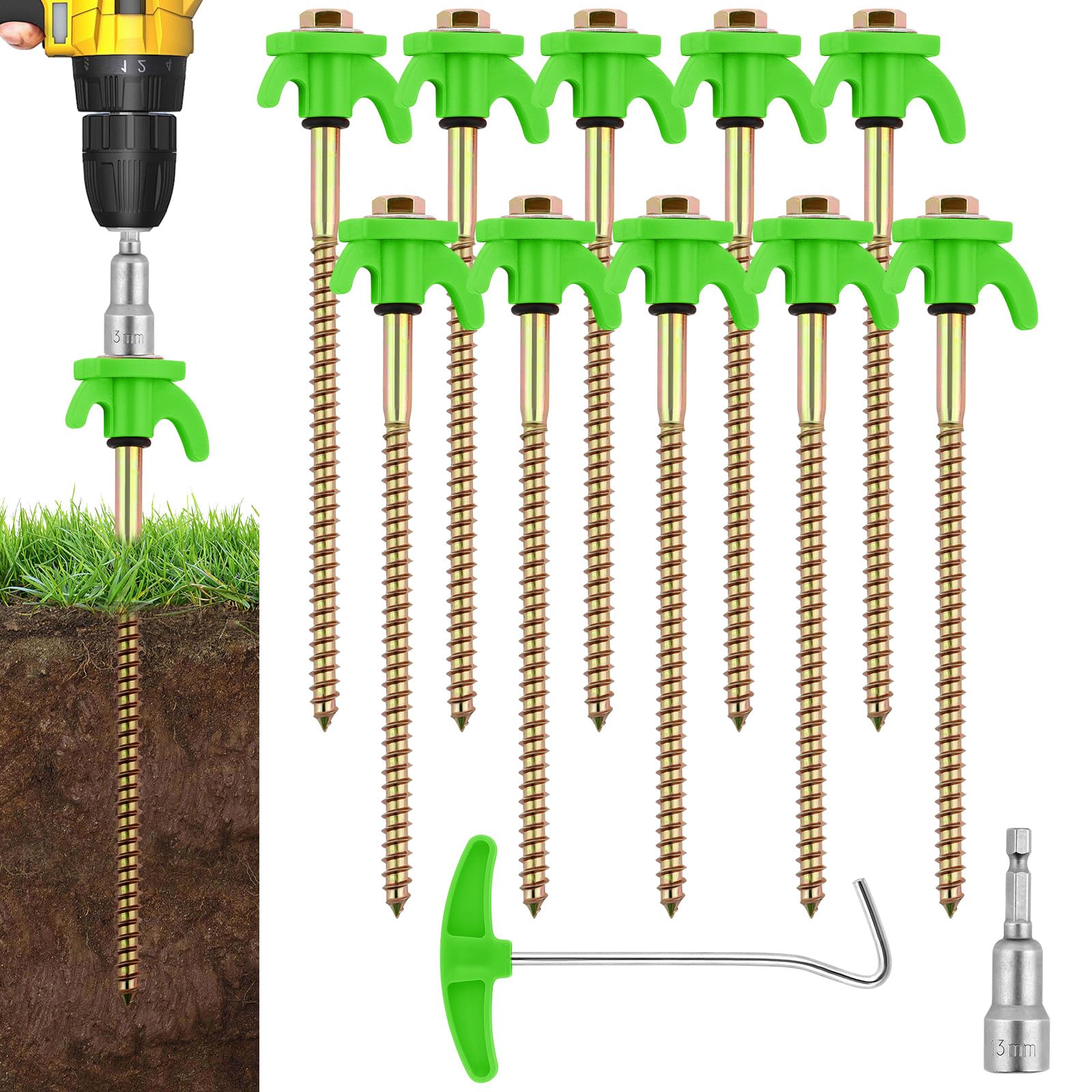Flintronic 10Pcs Tent Stakes, 8" Heavy Duty Camping Stakes Rustproof, Metal Threaded Tent Spikes with Peg Extractor, for Hard Stony Ground and Gravel Pitches, Hiking, Camping Tent Accessories-Green — image 1