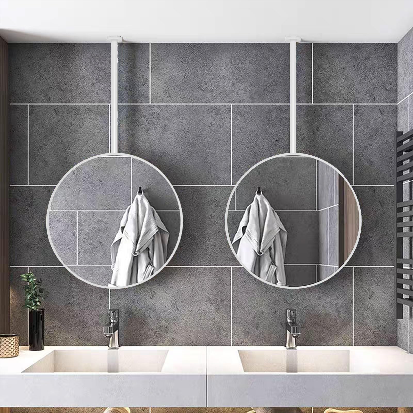 FGXHHS Ceiling Mounted Mirror with Hanging Rod, Modern White Metal Framed for Living Room, Entryway, Bathroom Vanity Mirrors, Wall Decor Mirror(Diameter-70CM/27.6INCH)