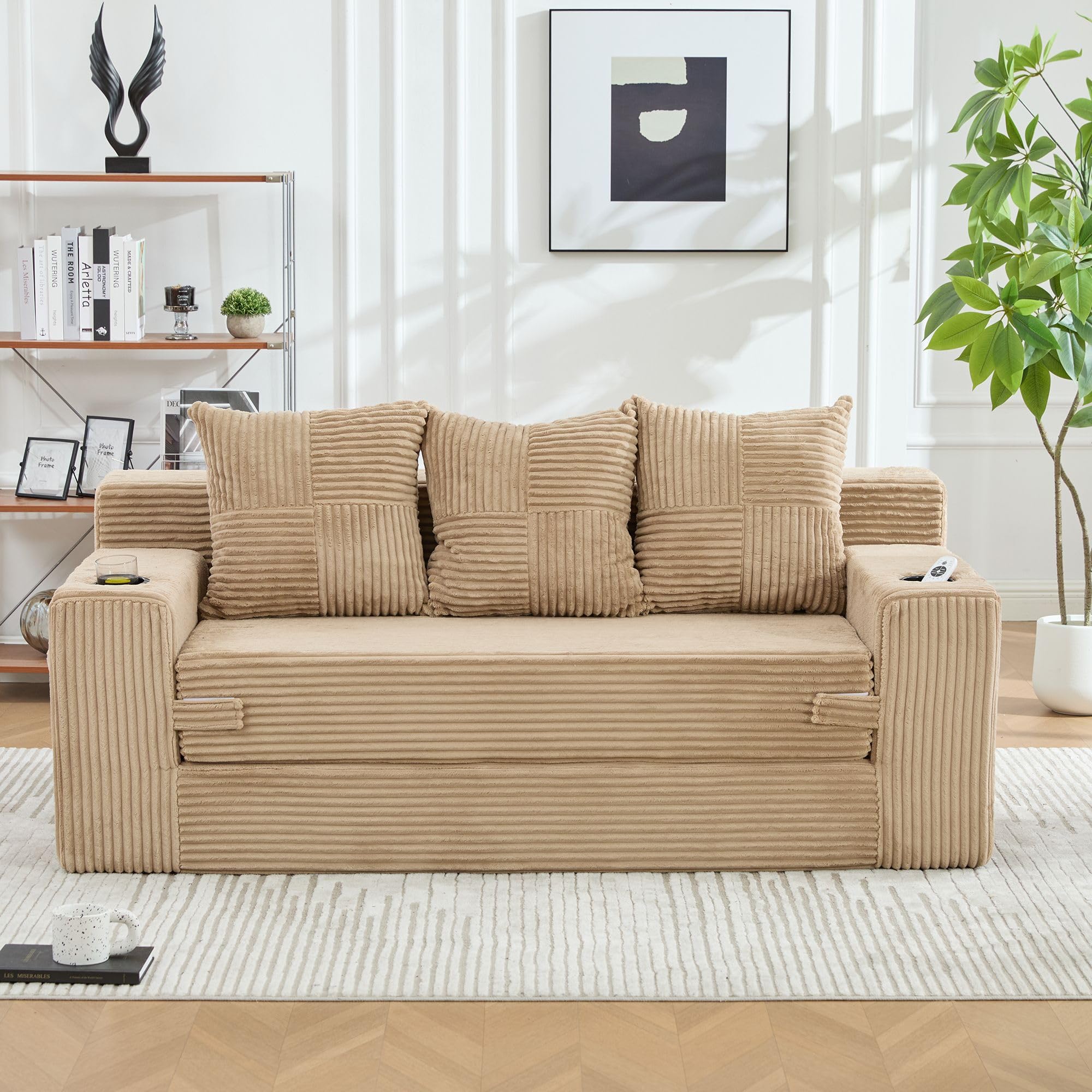 Wygodna 3-osobowa sofa sztruksowa khaki, sofa podłogowa z uchwytami na