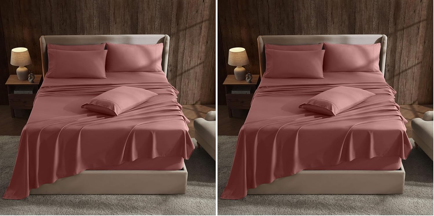 Hearth & Harbor Extra Deep Pocket King Size Sheets Sets - Fits Mattress 18-24 Inches - 6 Piece King Size Sheets - King Sheets - Pink Clay (Pack of 2)