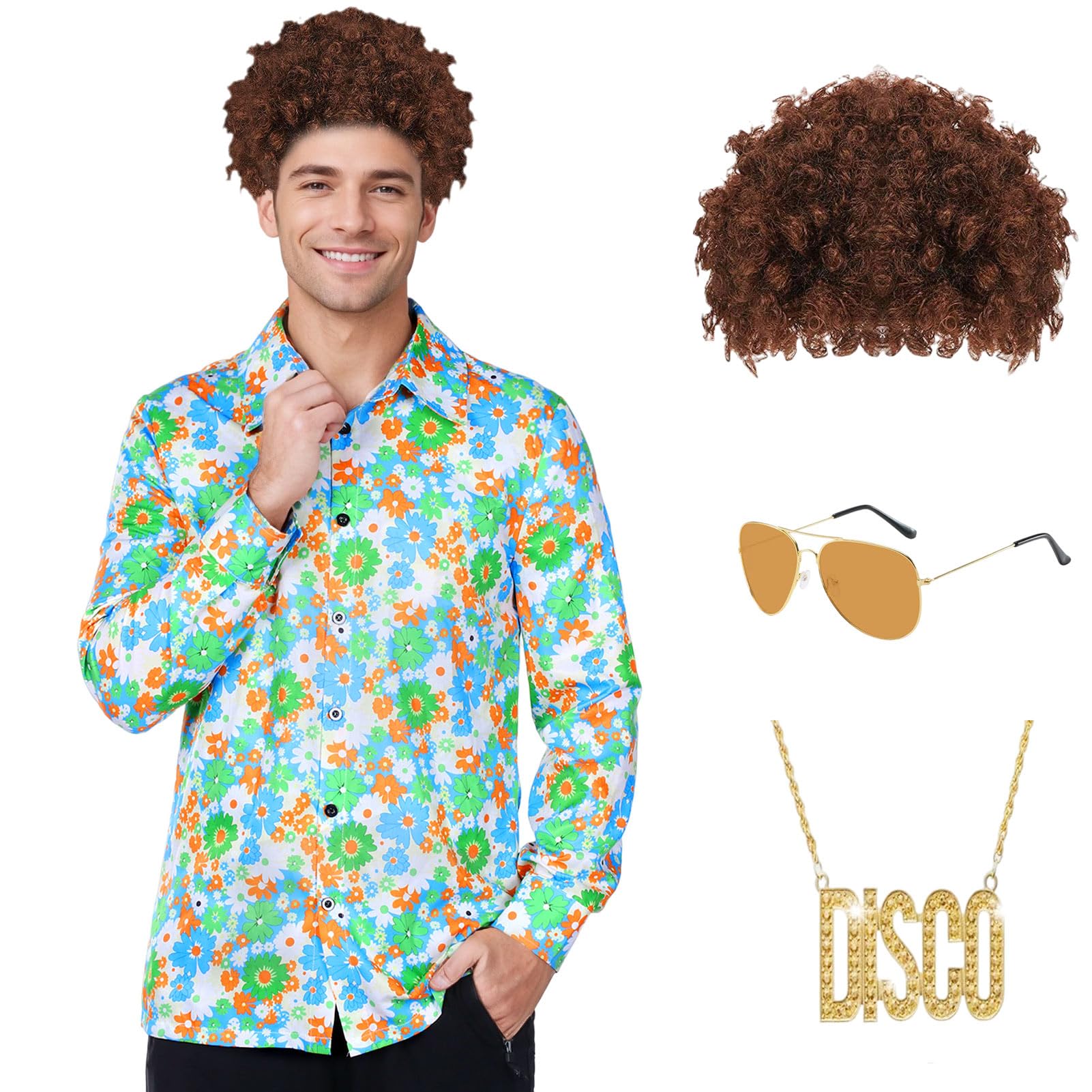 4 Pcs Men 70s Disco Costume Set,Long Sleeve Casual Button Shirts, wig, glasses, gold chain, for 70s Disco Party for Prom Party Dress Up (2XL)