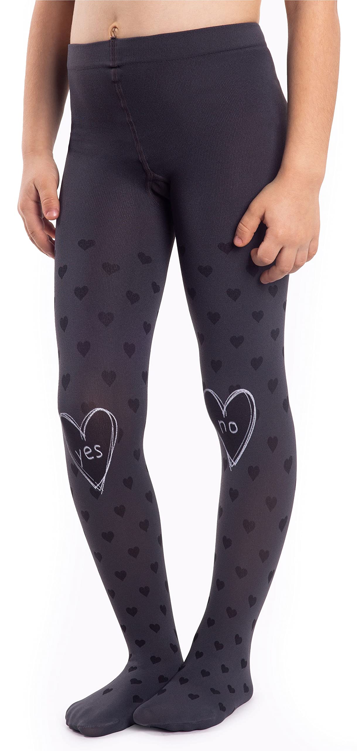 Noq Girls Graphite Opaque Tights Hearts Yes/No 120 Den Dance Gymnastic School Fancy Pantyhose Nursery, 10/11 Years