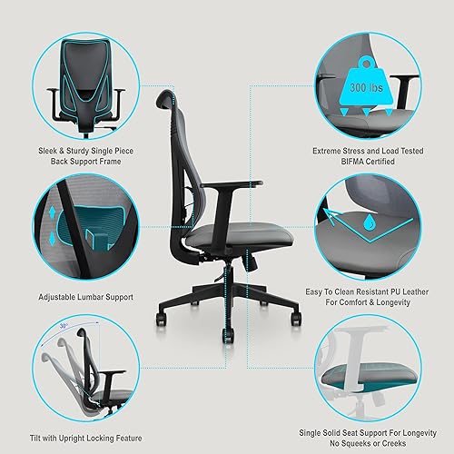 Miniatura 7 de 2xhome Silla de oficina moderna de malla ergonómica de respaldo alto con lumbar ajustable, asiento acolchado de piel sintética, giratorio de 360 y
