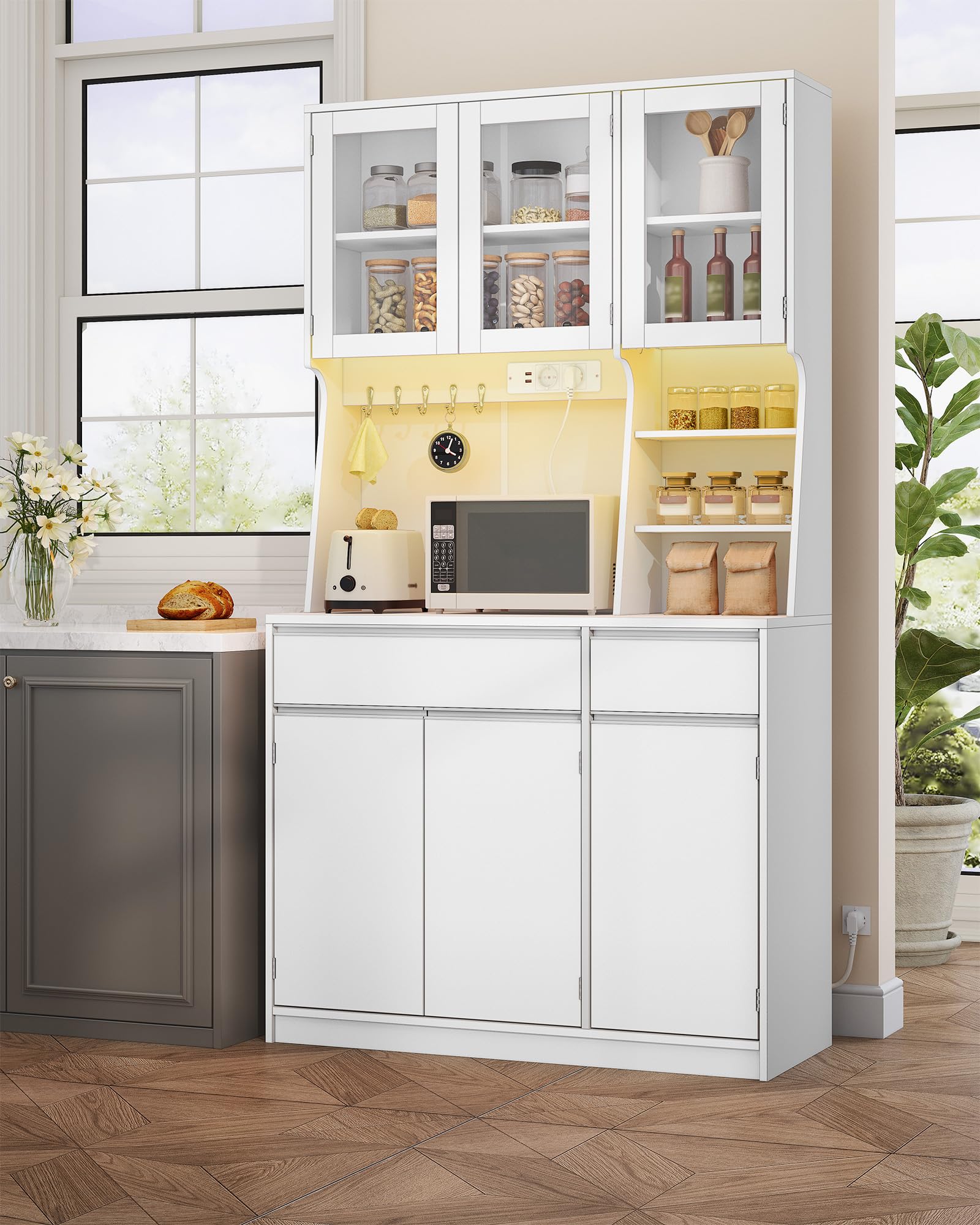 Hzuaneri Alacena de Cocina, Aparador Comedor, Armario Cocina Almacenaje con regleta y Tira de Luces LED, encimera y 2 cajones, estantes Regulables,área culinaria, salón, 40x100x180cm, Blanco