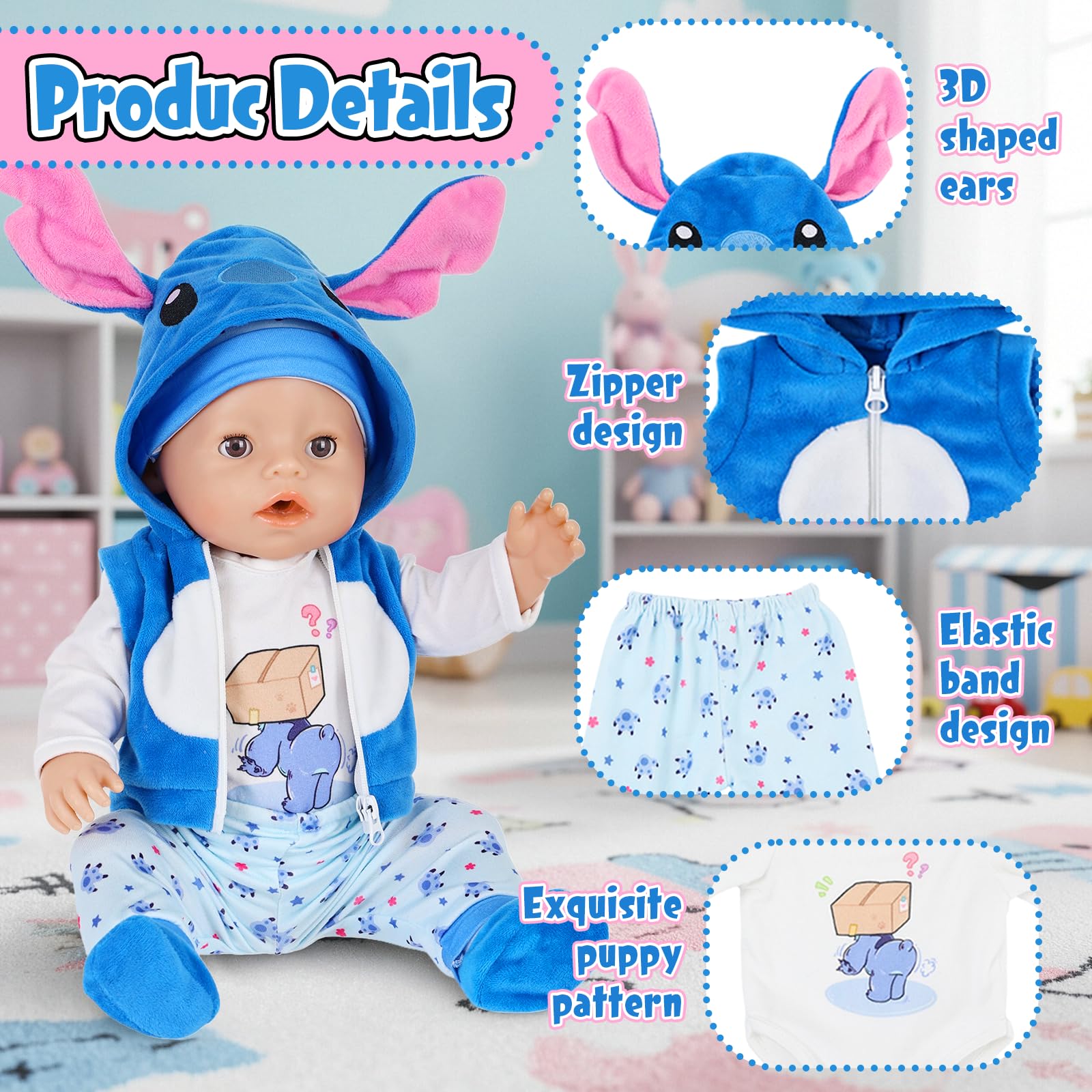 5 Pcs Baby Doll Clothes for 14-17 Inch Dolls, Baby Doll Outfits mit Doll Jacket Top Trousers Hat & Socks - Image 3