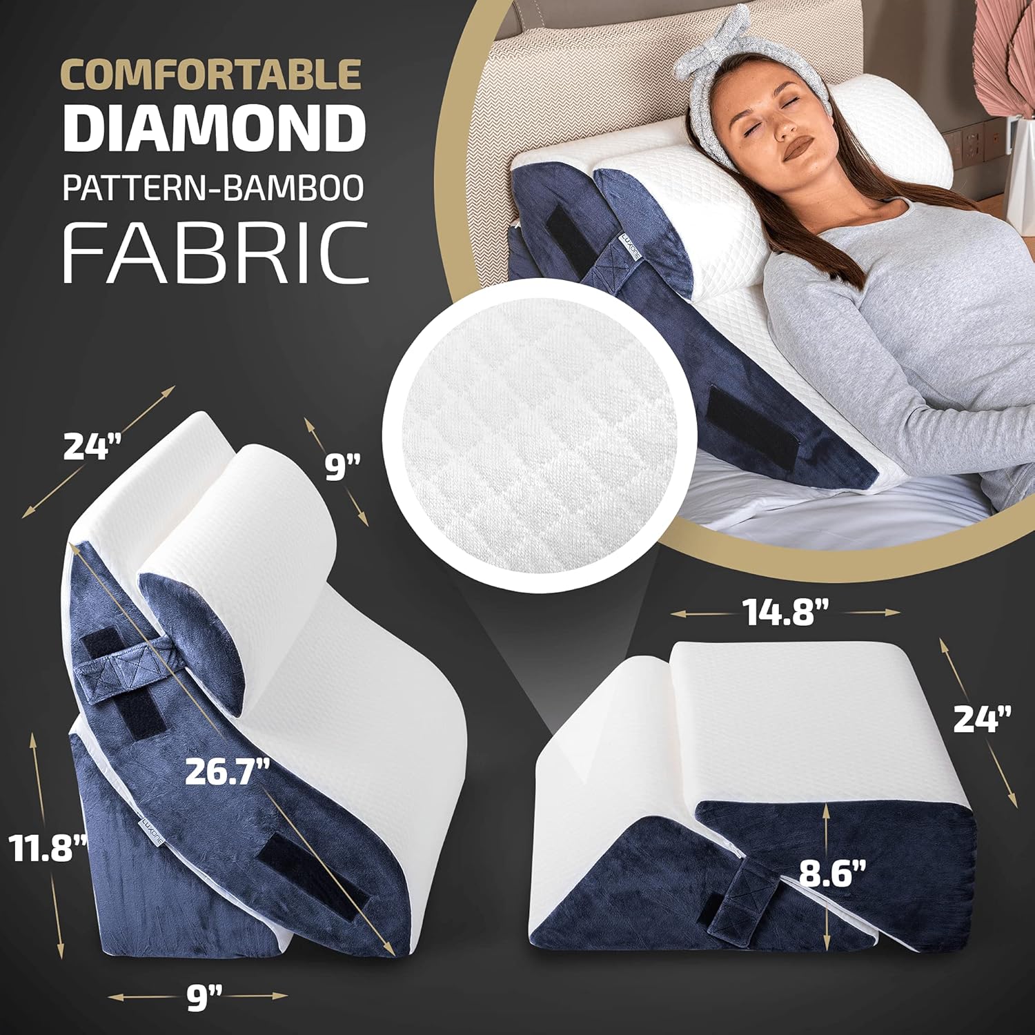 Luxone 5 Pcs Adjustable Relaxing System w/ Leg Elevation Pillow - Perfect Orthopedic Pillow Set for After Surgery - Memory Foam Bed Wedge Pillows for Back Support (Navy Blue) : Home & Kitchen