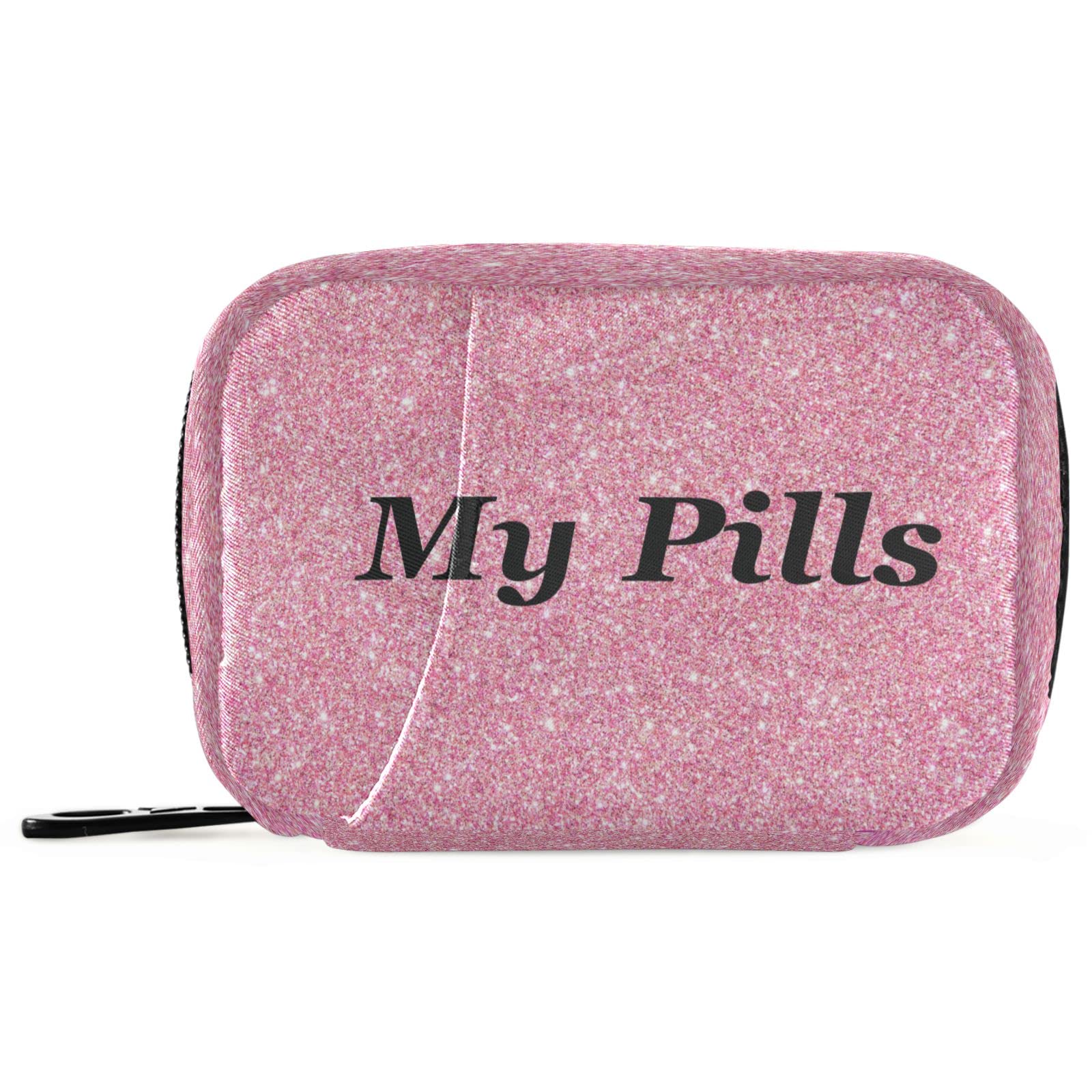 Pfrewn Magic Pink Glitter Pill Medicine Organizer Case for Purse 7 Day Travel Pill Box Bag with Zipper Portable Weekly Vitamin Supplement Holder