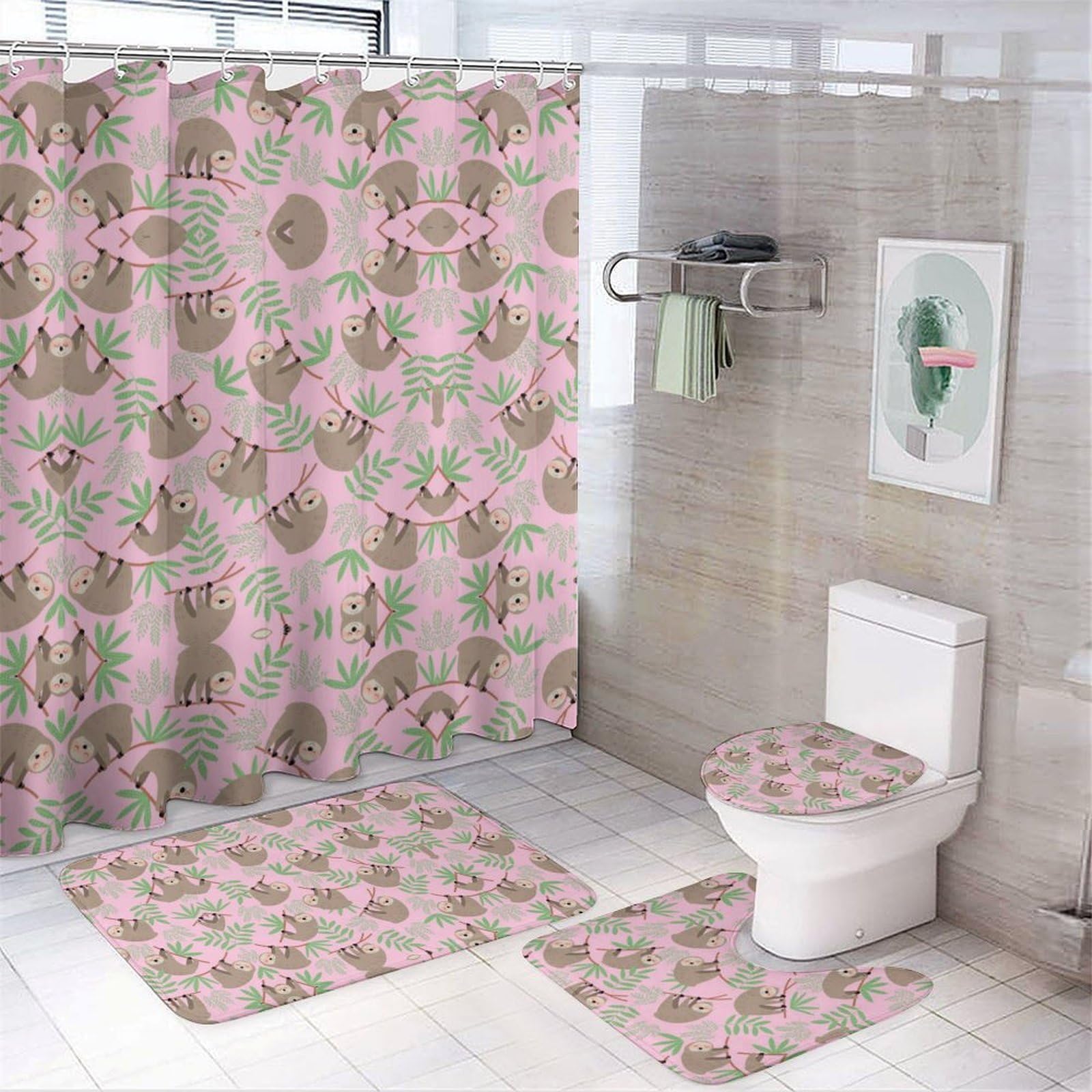 JiuPopular Bathroom Mat Set 4 Piece, Cute Sloth Shower Curtain with Non-Slip Bath Mats for Bathroom