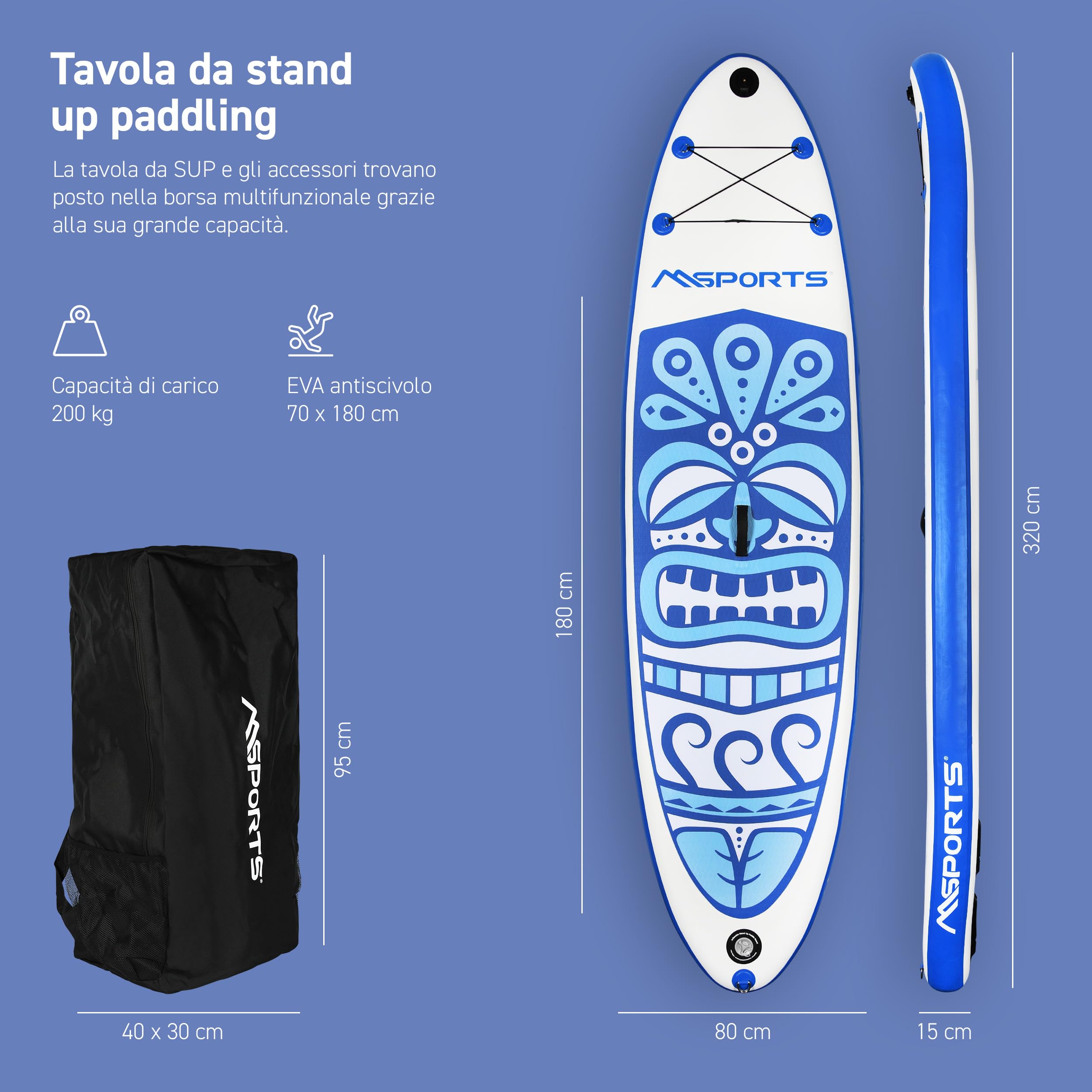 MSPORTS Stand Up Paddle Board gonfiabile completo paddleboard accessori pagaia regolabile, pompa di alta qualità + 2 bastoncini + custodia impermeabile per smartphone + borsa multifunzione