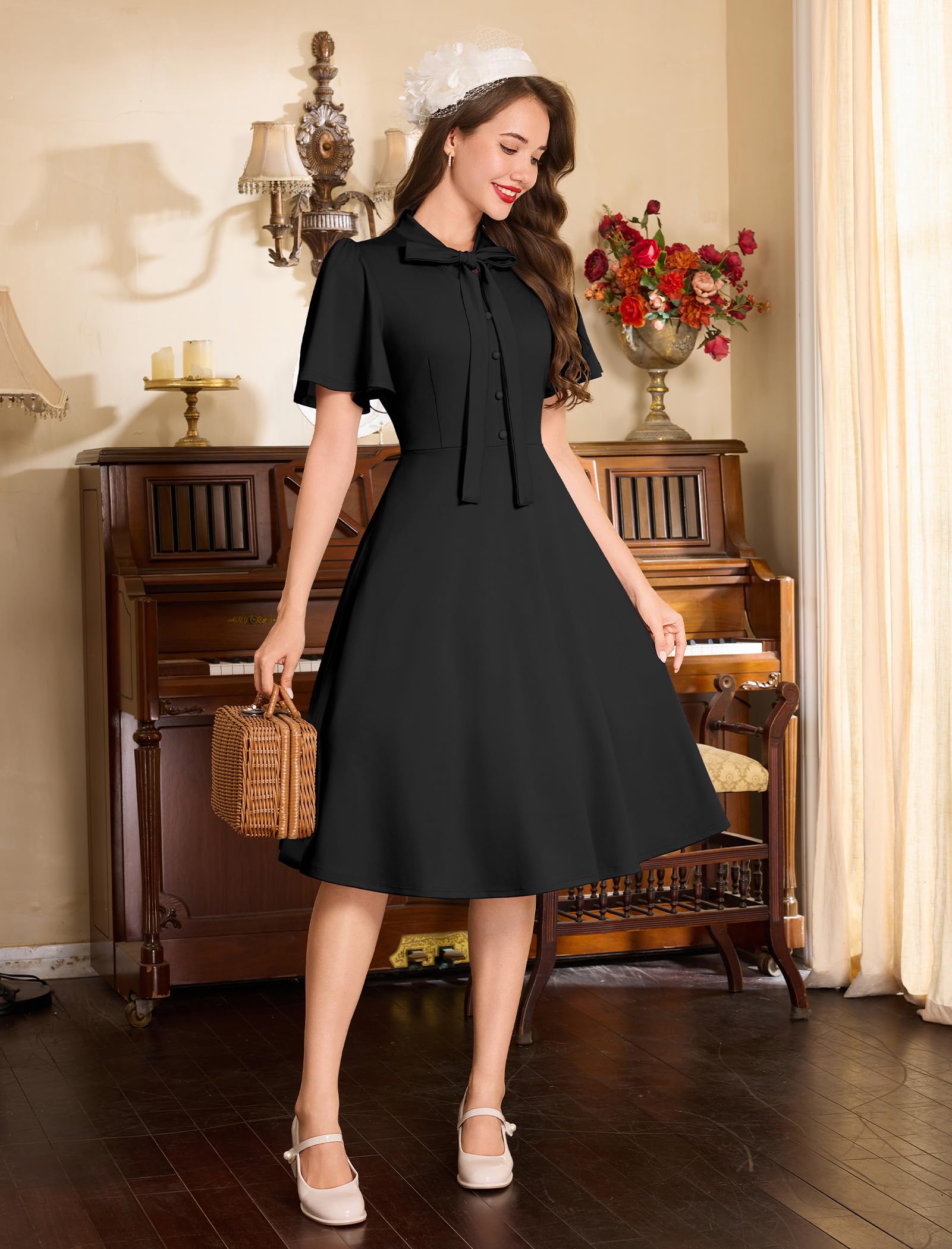 OMEWEE 1950er Vintage Retro Cocktailkleid Damen Elegant Knielang Rockabilly Kleider Krawatte Hals Kurzarm festliches Kleid A-Line Swing Hochzeit Business Kleid Abendkleid Partykleid