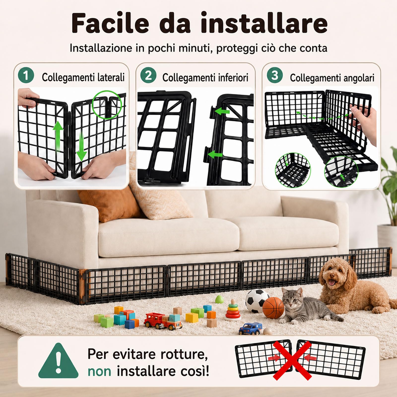 12 Pezzi Blocca Giocattoli Divano per Animali, Blocca Giocattoli Regolabile Sotto Letto & Sofà, Barriera Plastica per Fessure, Protettore Mobili con 20 Fascette