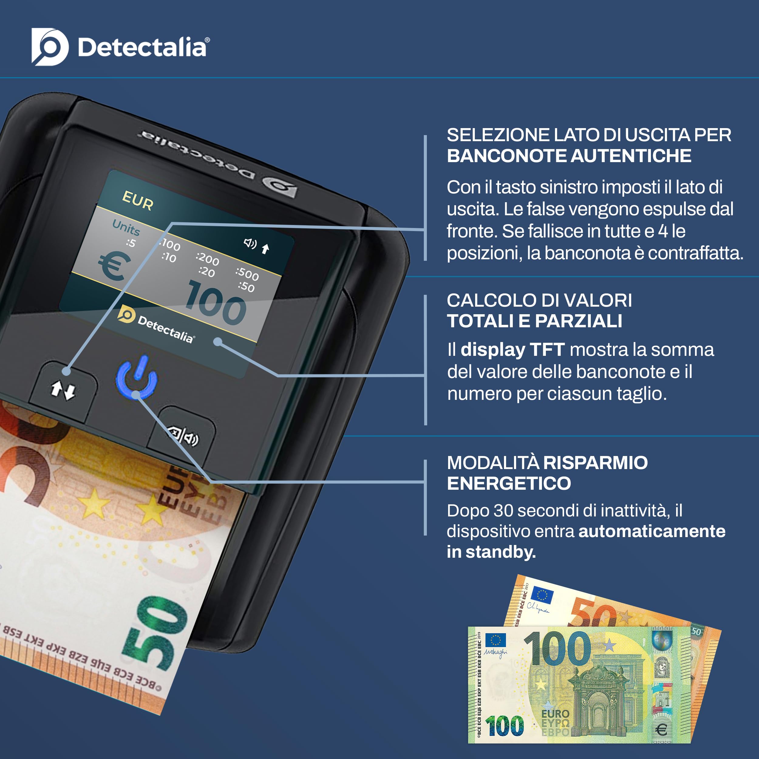 Detectalia D7T+ Rilevatore di banconote false con 100% rilevamento, 5 sistemi di rilevamento per 3 valute EUR, GBP, USD e Display a colori TFT
