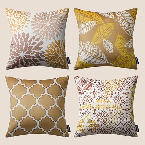 Phantoscope Set of 4 New Living Series Velvet Pillows Leaf Geometric Fall Throw Decorative Velvet Pillow Cover Cushion Cover, Beige Gold 18 x 18 inches 45 x 45 cm