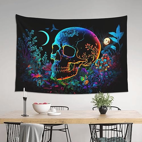 Miniatura 5 de Tapiz de pared con diseño de calavera trippy gótico en blanco y negro, diseño de hongos trippy y flores, estilo tarot, diseño de hongos trippy y