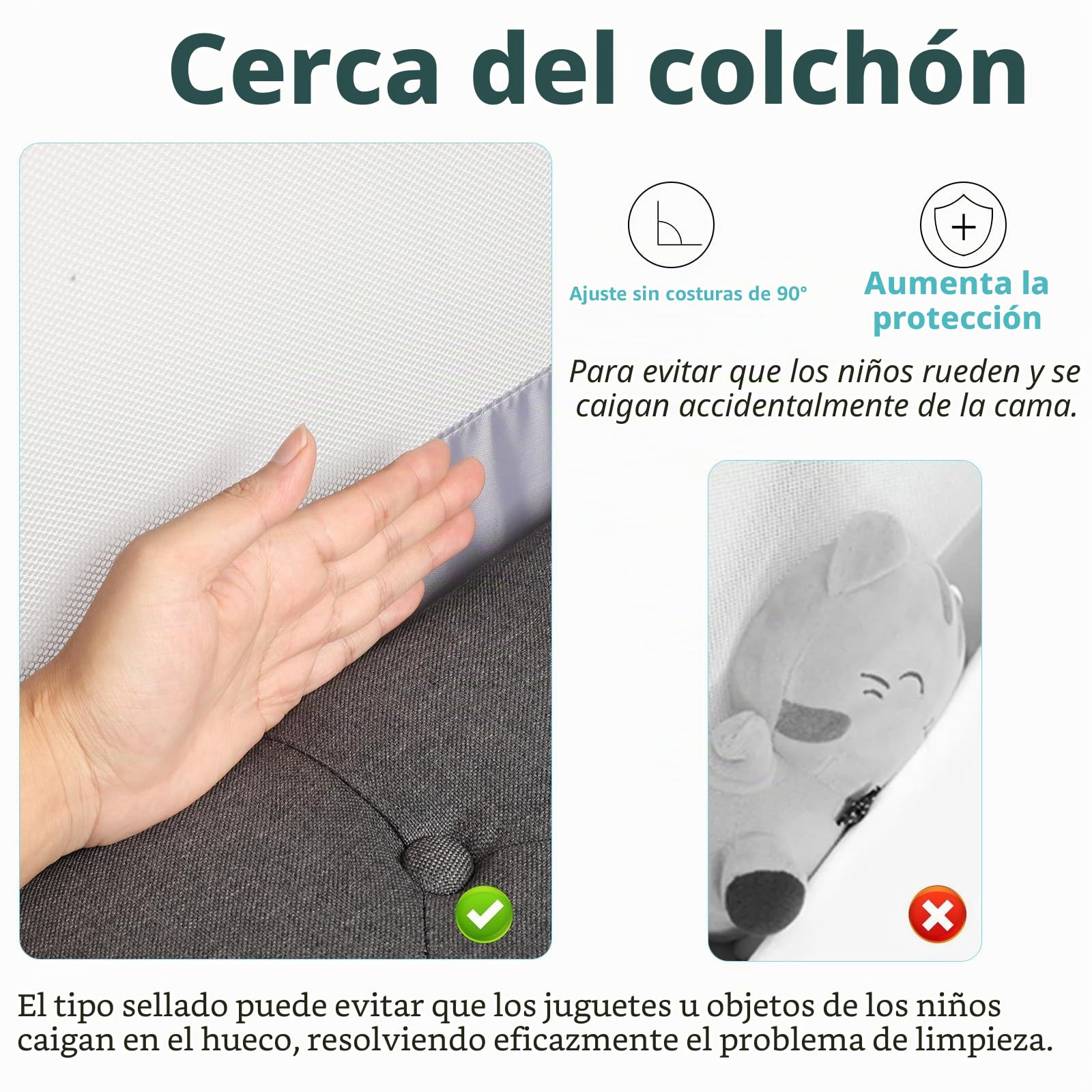 Barrera Seguridad Niños Cama, Barandilla Cama 150/180/200cm, Protección Anticaídas con Malla Transpirable, Barandilla Regulable en Altura 69-98 cm, Pasamanos con Bolsillo Lateral, Apto para Boxspring