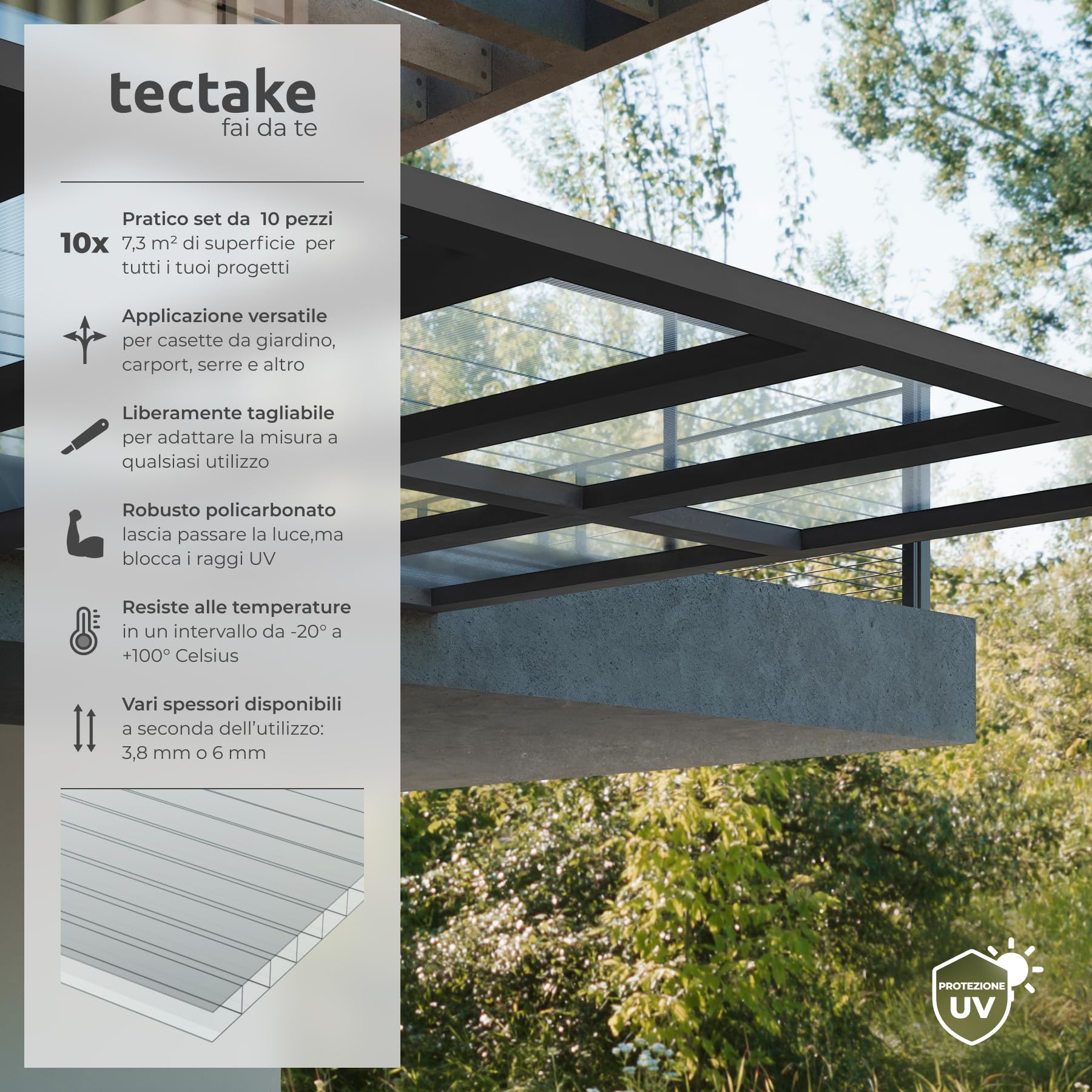 tectake® Set di 10 Lastre Alveolari In Policarbonato, Resistenti alle Intemperie, Trasparenti, Resistente Raggi UV, Tagliabili, per Serre, Pensiline, Tettoie, Facile da Pulire - 121 x 60,5 x 0,4 cm