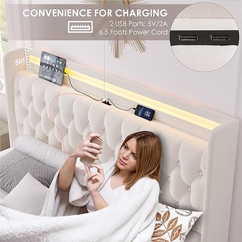 Miniatura 5 de HIFIT Base de cama LED tamaño Queen con estación de carga y 4 cajones de almacenamiento, cama plataforma tapizada en terciopelo con cabecera tipo
