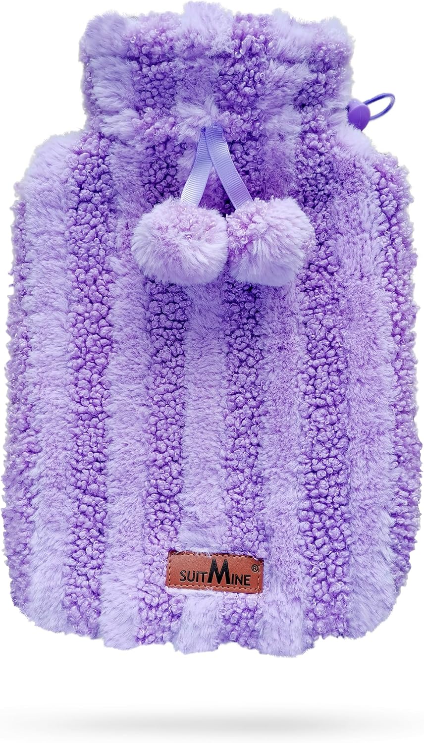 Hot Water Bottle PVC 2L Leak-Proof with Removable Soft Furry Cover for Pain Relief Hot and Cold Therapy,Hands Feet Abdomen and Neck Warmer,Cord Lock,Purple
