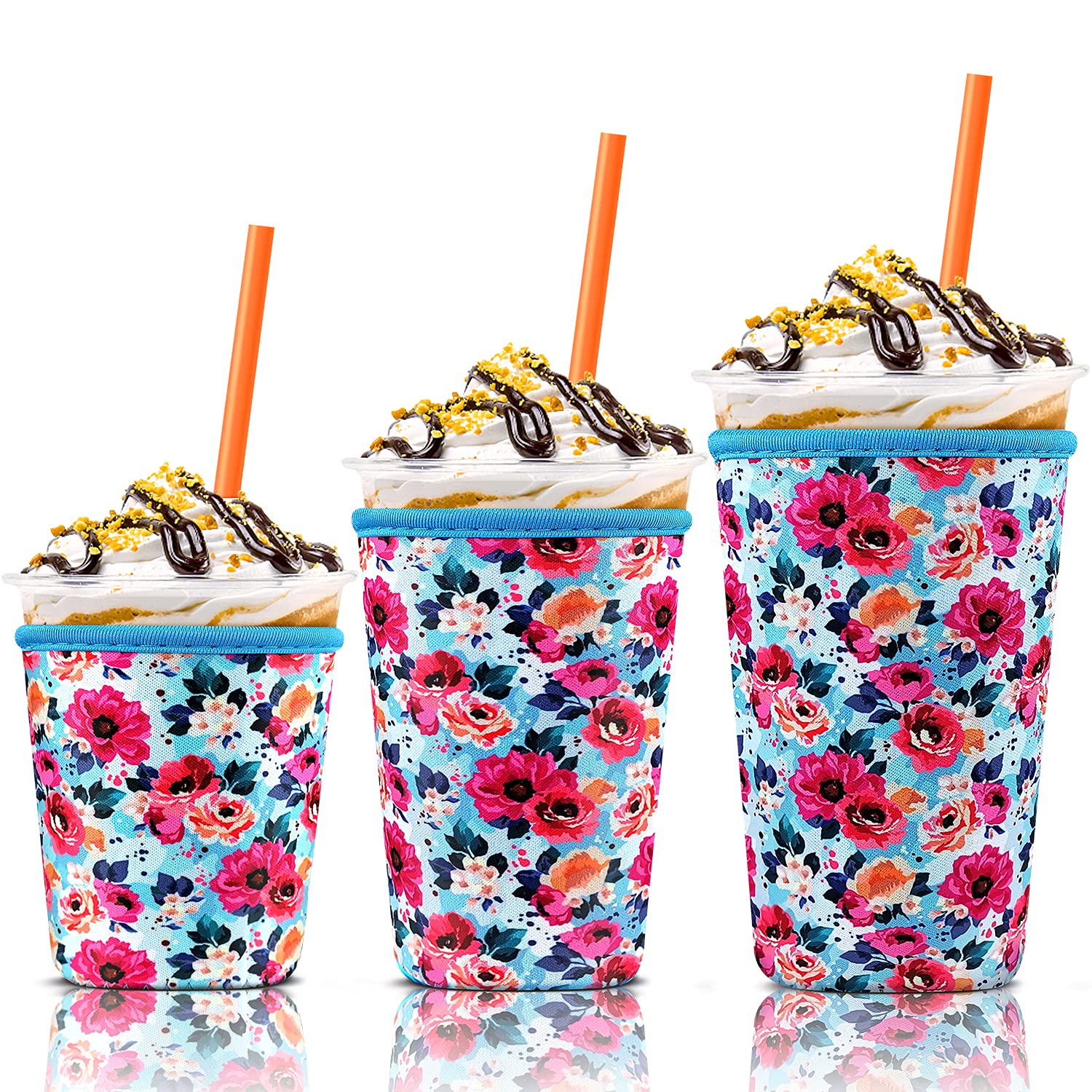 3 Pack Iced Coffee Cup Sleeve for Large Sized Cups, Reusable Neoprene Iced Coffee Cup Holder for Hot Cold Drinks, Compatible with Starbucks, Dunkin Donuts, and More