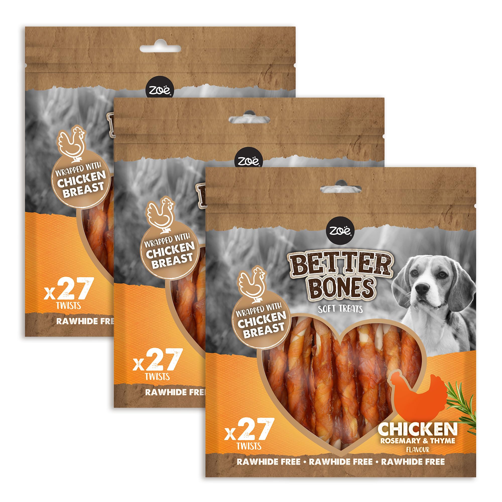 Zoë Better Bones Soft Dog Treat Chews, Pouch of Rawhide-Free, Chicken-Wrapped Twist Dog Training Chews - Chicken Flavour, 3 Bags of 27 pcs