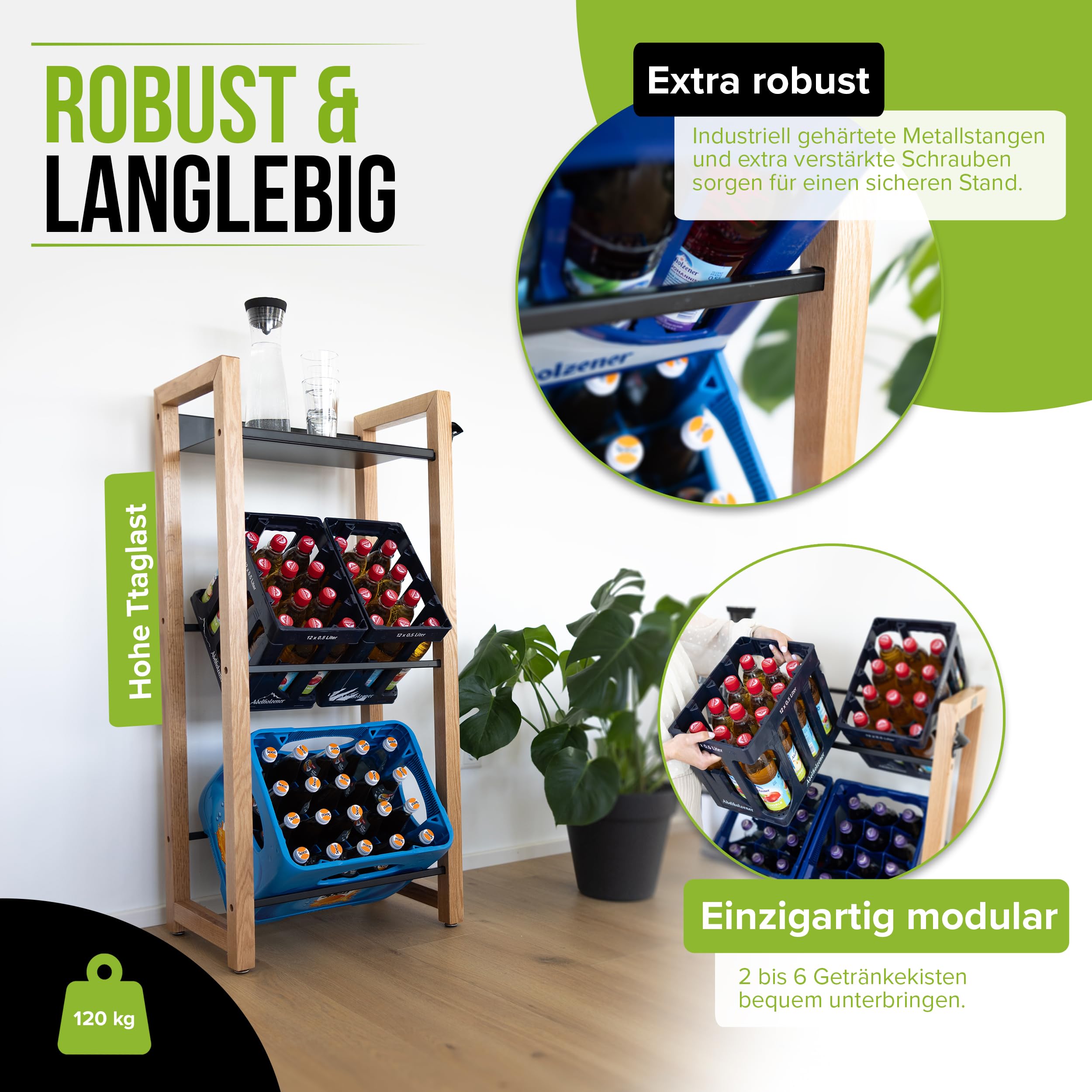 bevo - Getränkekistenregal für 2-6 Kisten aus Eiche Holz inkl. Metall-Ablage - Getränkeregal & Kistenregal mit 2 Stangenlängen (individuell verstellbar) - Getränkekisten Regal für Getränke & Kästen