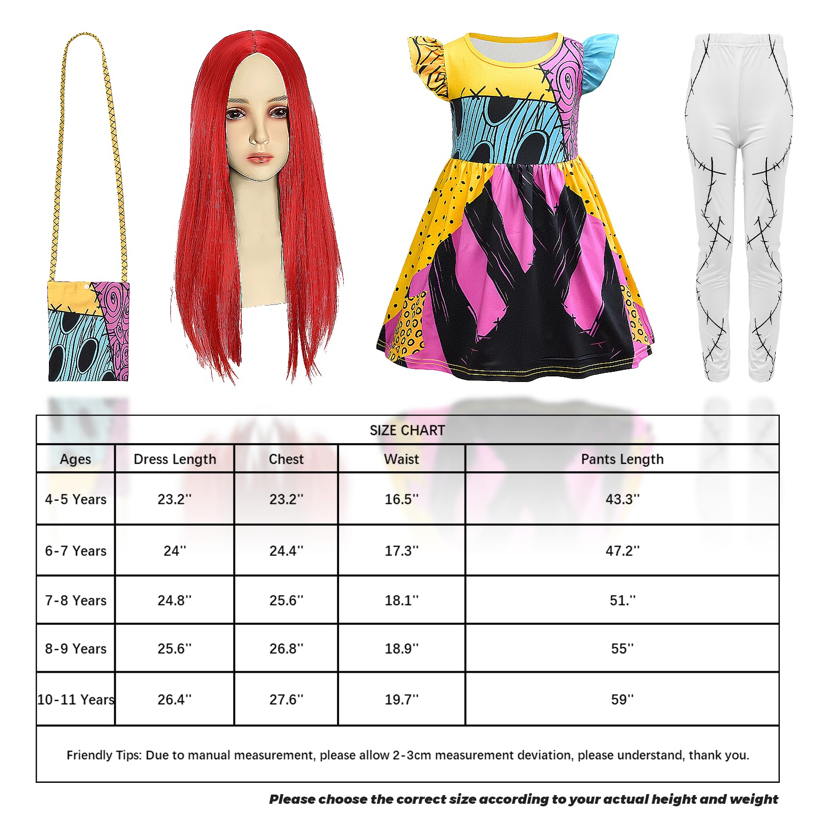 AENEY Girls Sally Christmas Costume, 5PCS Fancy Dress Outfits with Red Wig Bag Sleeves Leggings for Halloween (XLarge,8-9 Years) - Image 4