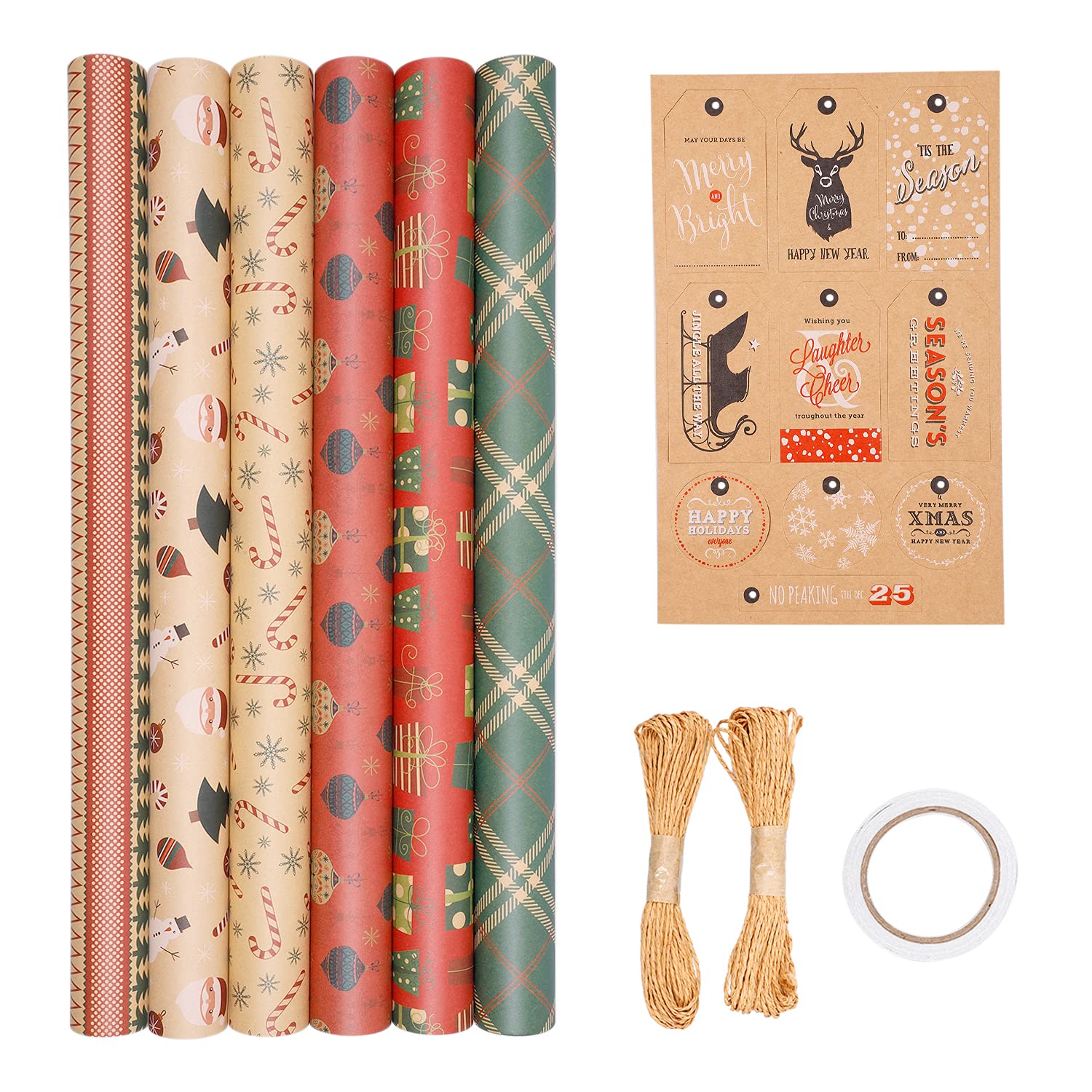 HBell Christmas Wrapping Paper Set,12 Sheets Christmas Gift Wrapping Paper with 10 Tags and 20m Rope for Christmas Gift Wrapping,New Year,Festival,Party Decorations