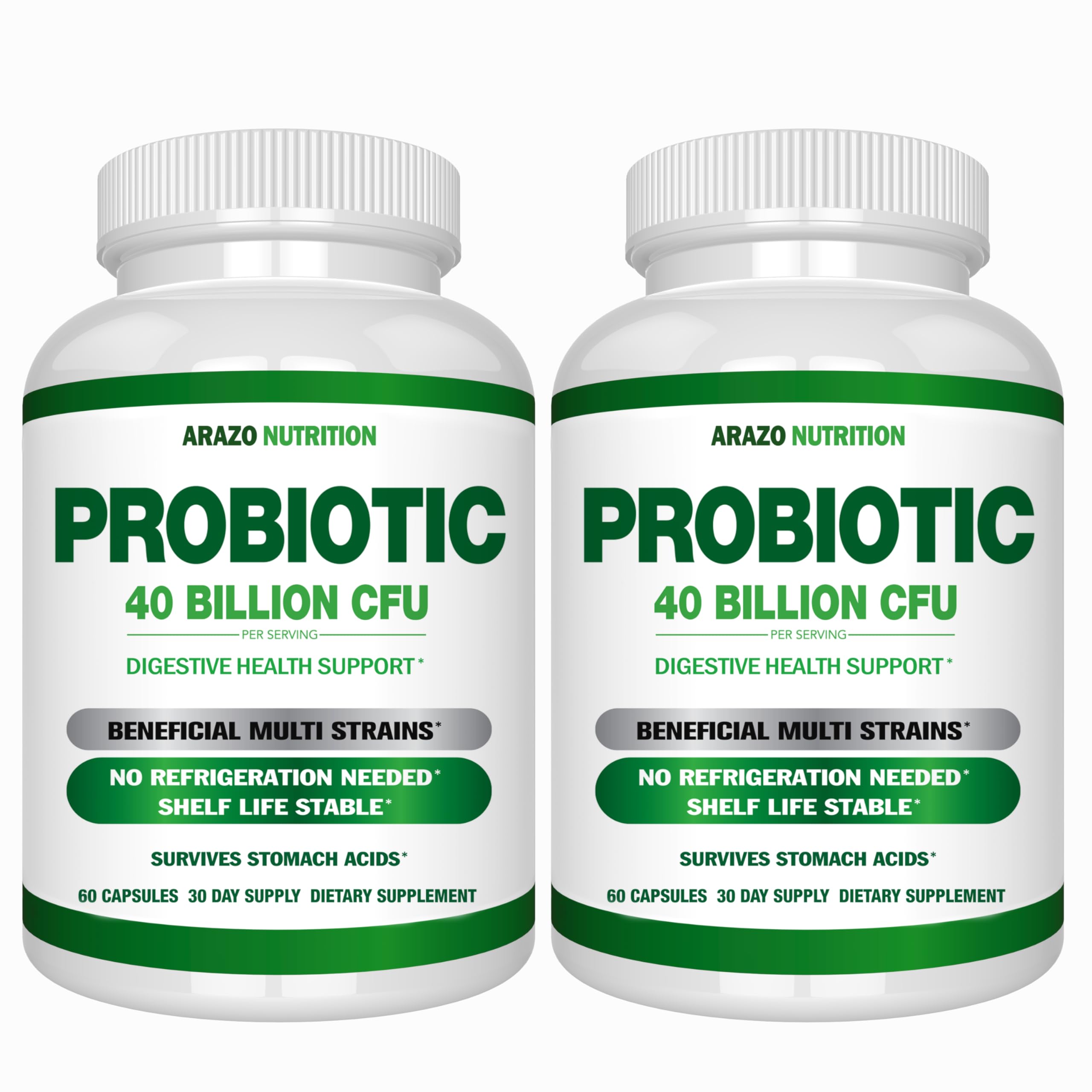 Arazo Nutrition Probiotic 40 Billion CFU - Shelf Stable with Prebiotics and Acidophilus - Stable Potency Until Expiration – Time Delay Release Probiotics (Pack of 2) 60 Count (Pack of 2)