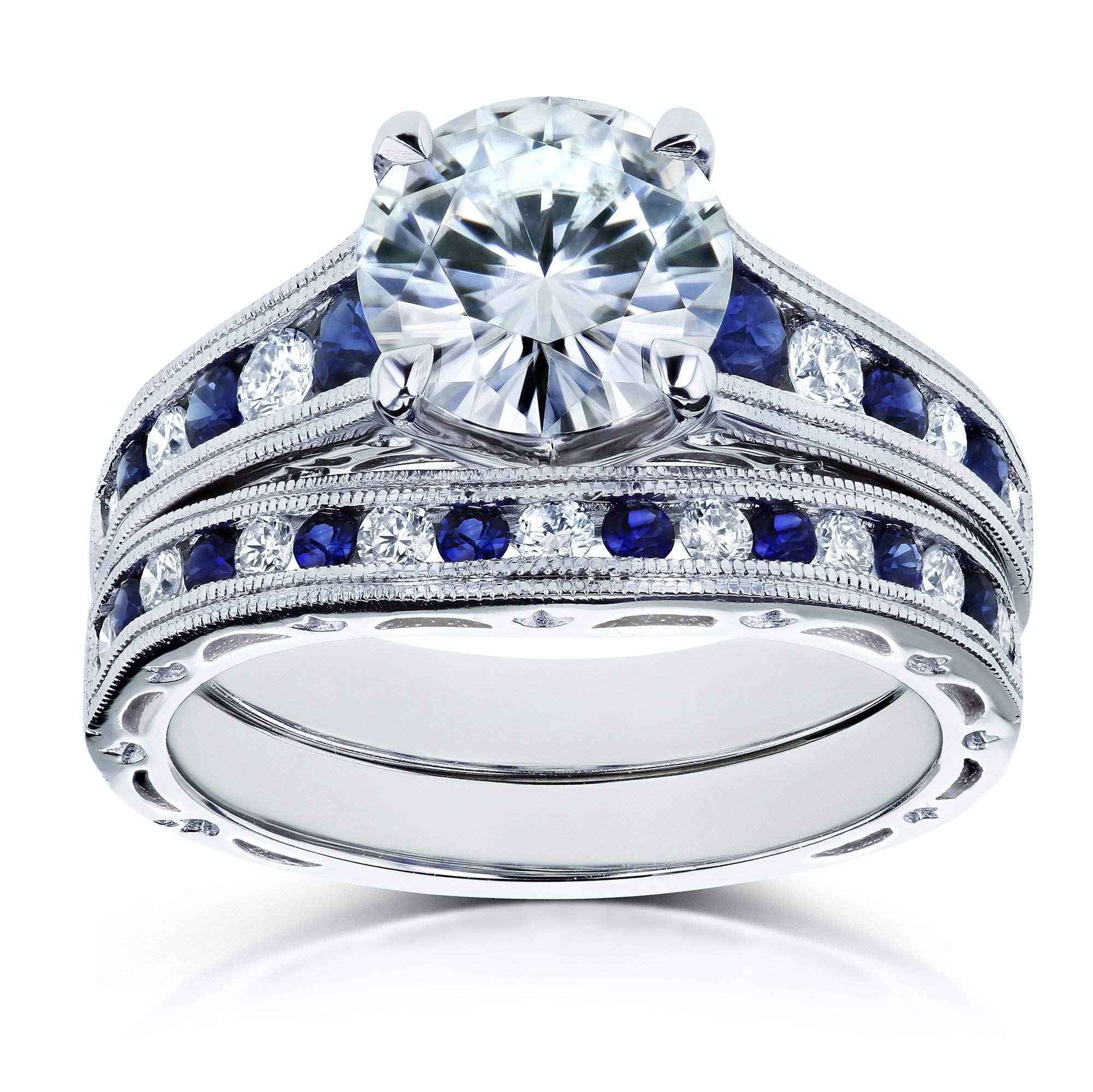 Kobelli Forever One (D-F) Moissanite Bridal Set and Sapphire 2 7/8 Carat in 14k White Gold