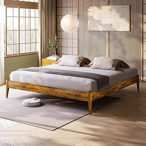 Miniatura 33 de Bme Dinkee Marco de cama característico de 15 pulgadas sin cabecero - Estilo moderno y minimalista con madera de acacia - 12 soportes de listones de