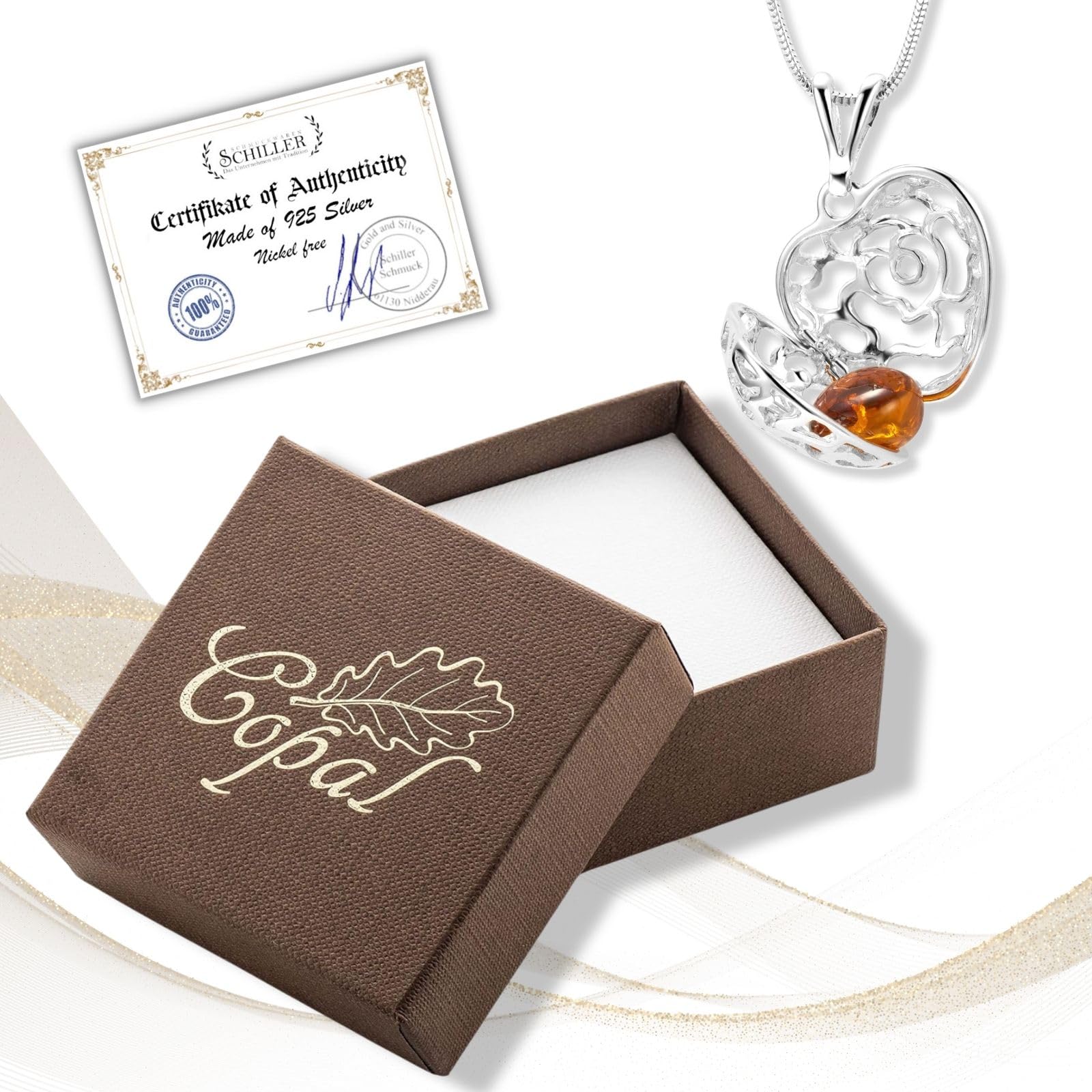 Collar Corazón Con Ámbar Auténtico Y Diseño Floral De Plata 925