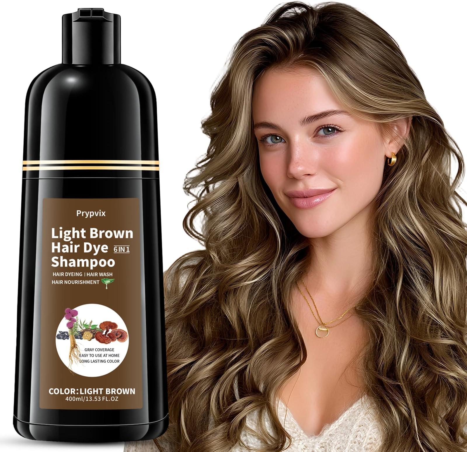 Light Brown Hair Dye Shampoo for 100% Gray Coverage, Natural Herbal 3 IN 1 Formula Hair Color Shampoo, Semi-Permanent Color for Women & Men, Nourishes with Botanicals, Ammonia & Paraben Free