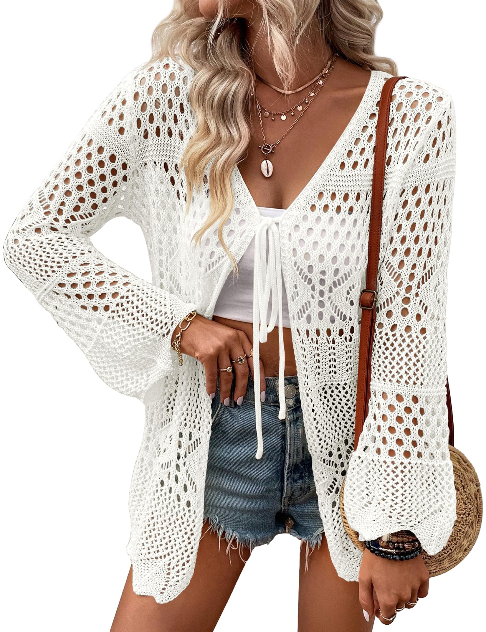 Snapklik.com : Womens Crochet Cardigan Light Weight Long Sleeve Tie
