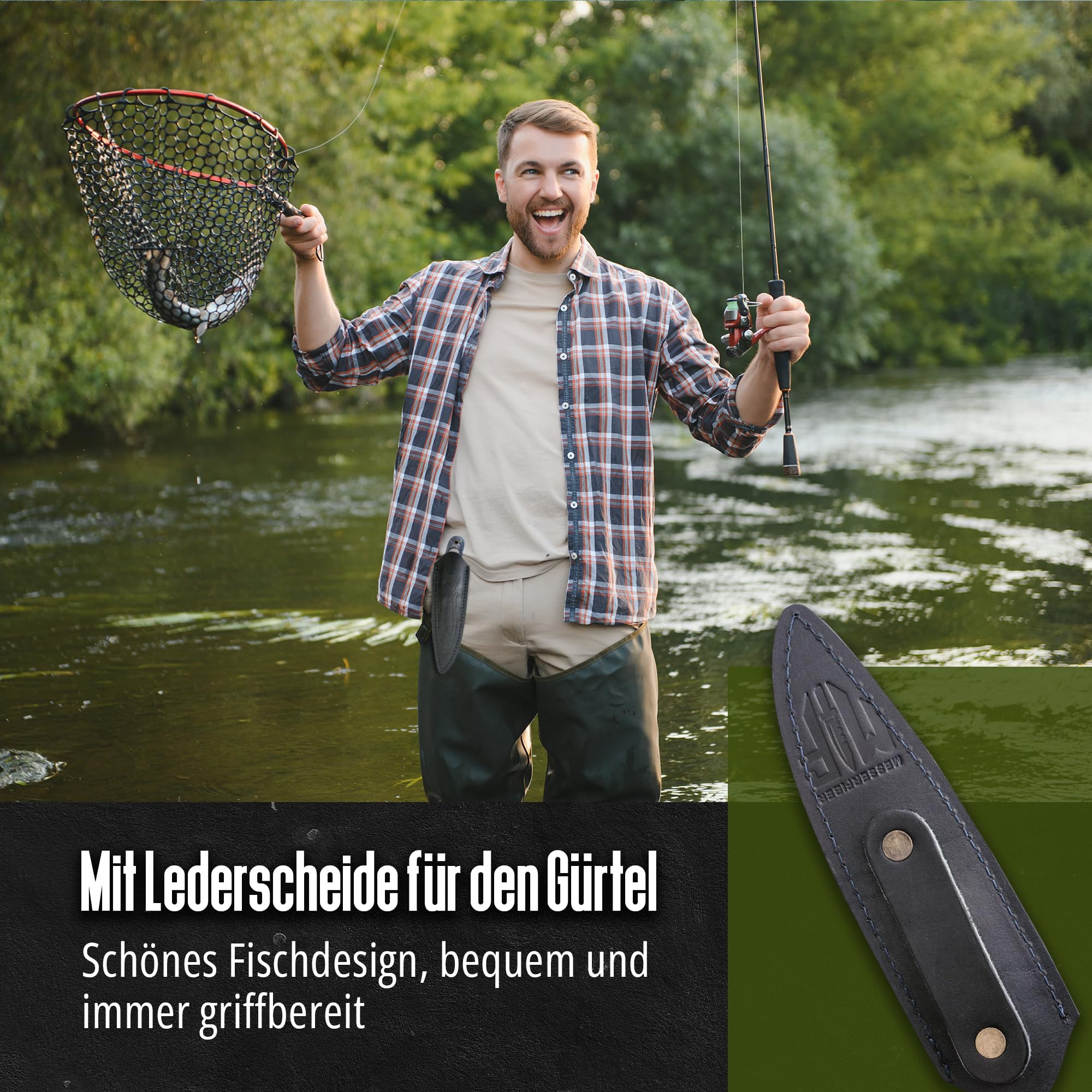 Messerfieber® Angelmesser Wobbi [Mit Einzigartigem Wobblergriff!] – inkl. Lederscheide – Outdoor Messer für Angler & Naturfreunde – Survival Messer (Handgefertigt & Korrosionsbeständig)