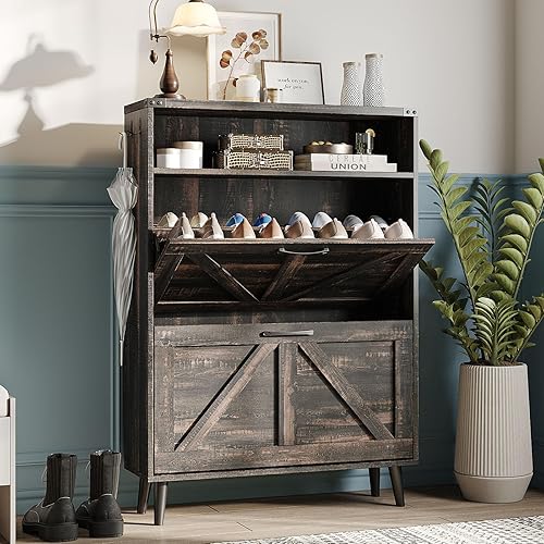Shoe Cabinet with 2 Flip Drawers & Open Storage,Farmhouse Shoe Storage Cabinet for Entryway,Freestanding Narrow Organizer Rack with Legs,Foyer,Hallway,Dark Rustic Oak