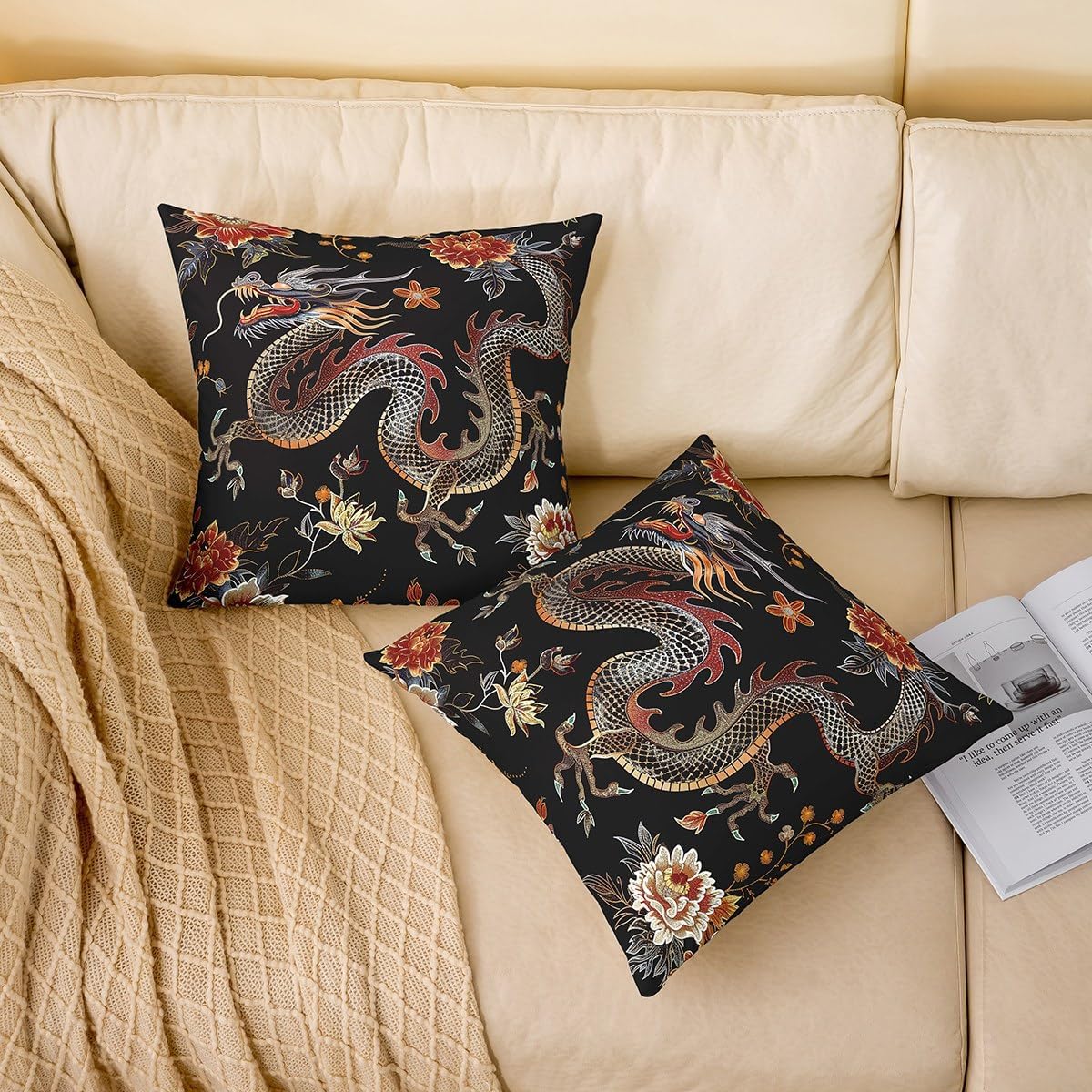 Set of 2 Dragon Throw Pillow Covers,Traditional Exotic Dragon Print Cushion Case for Living Room Decor Reversible Chinese Style Botanical Floral Flower Print Decorative Throw Cushion Case,22x22 Inches