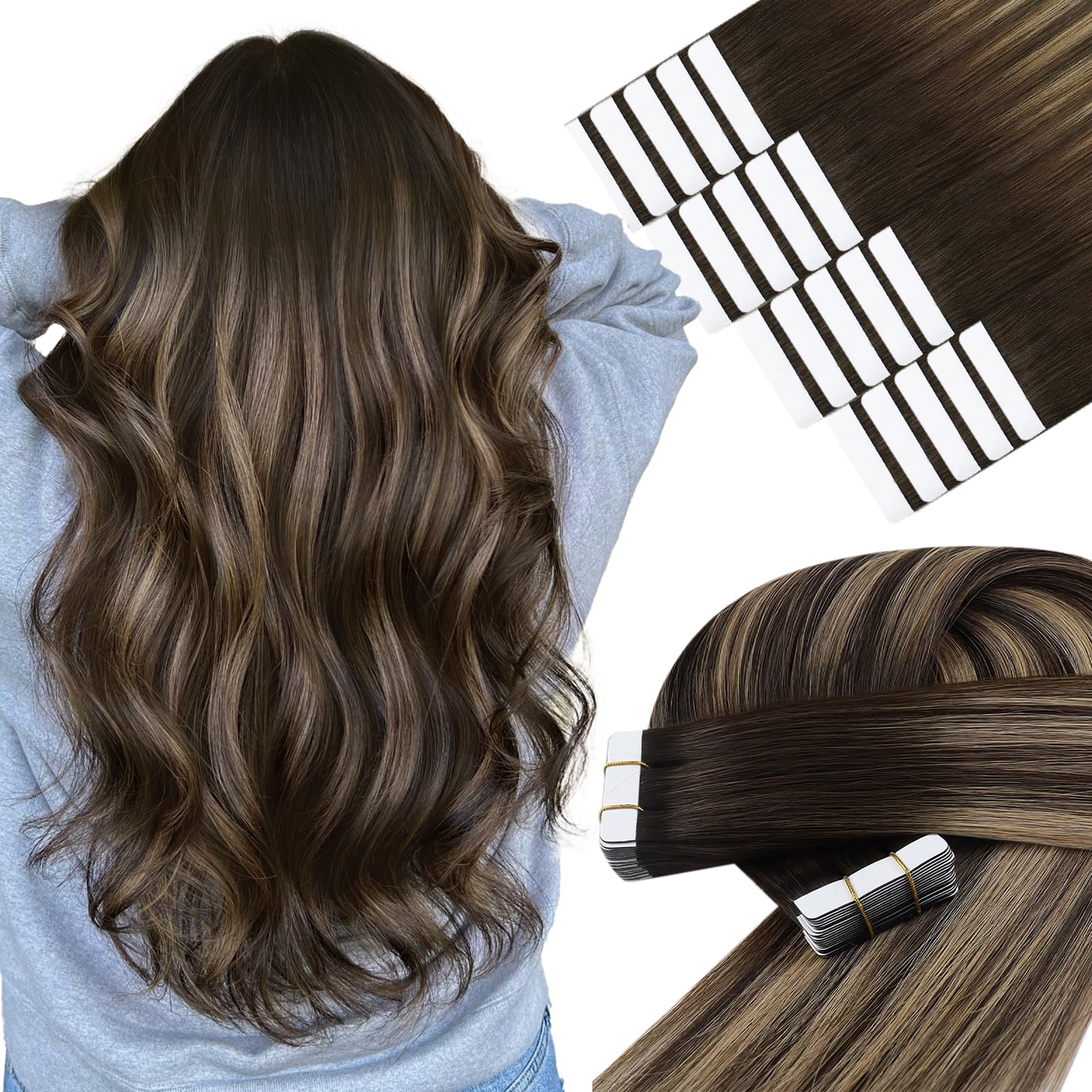 YoungSee Invisible Tape in Hair Extensions Brown Balayage Tape in Extensions Ombre Dark Brown to Blonde with Dark Brown Tape-on Hair Extension Human