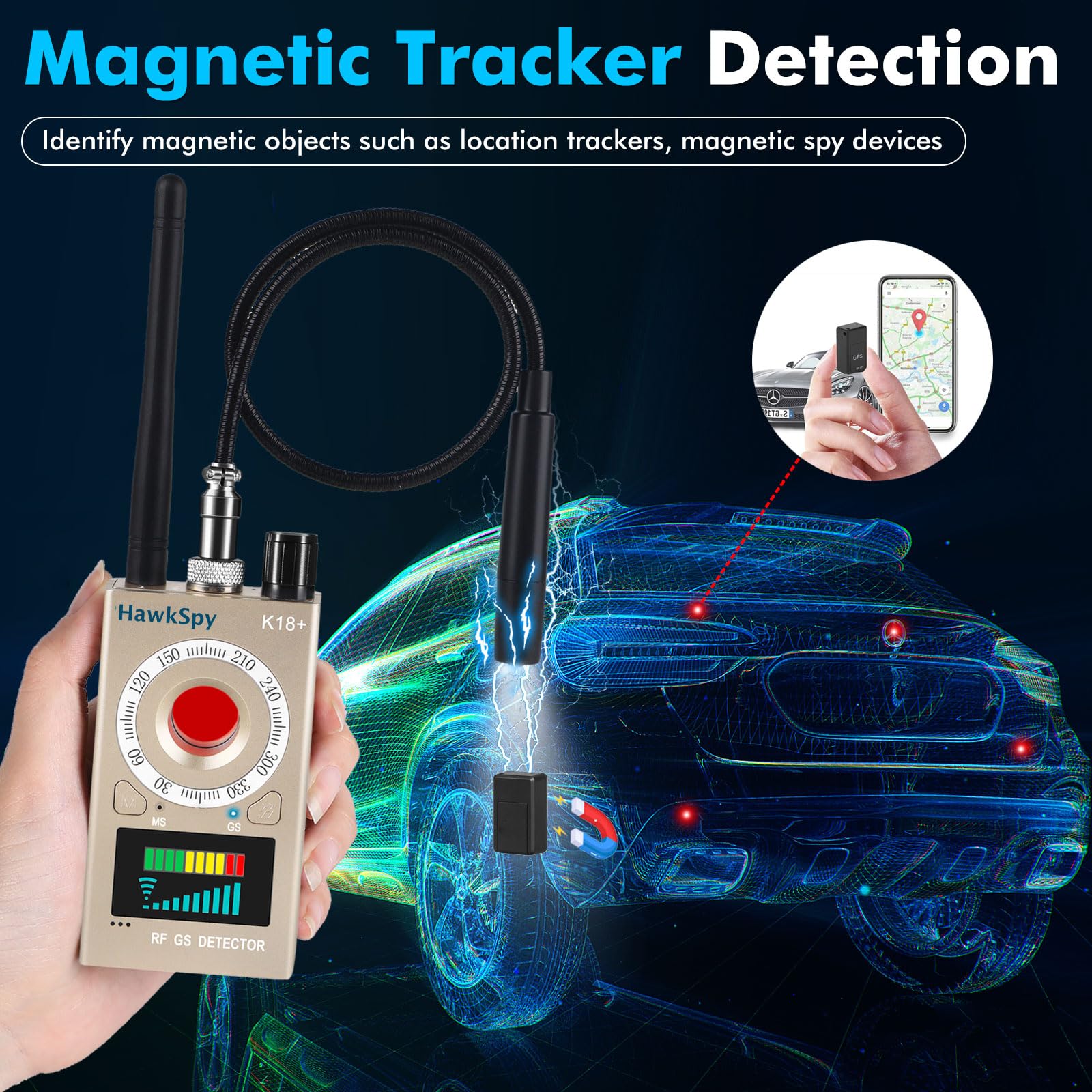 K18 Elektronischer Signaldetektor mit RF-Signalerkennung, Kamera Detektor, Magnetfelderkennung und Optischer Linsenerkennung, Ton- und Vibrationsalarm, Tragbar, USB-C, Gold