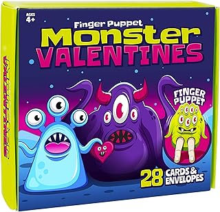 28-Pack Monster Finger Puppets Valentines Day Cards with Envelopes I Valentine's Day Greeting Cards Party Favor Set I Valentines Day Gifts for Kids I Exchange Gift Cards for Kids School Classroom Toys