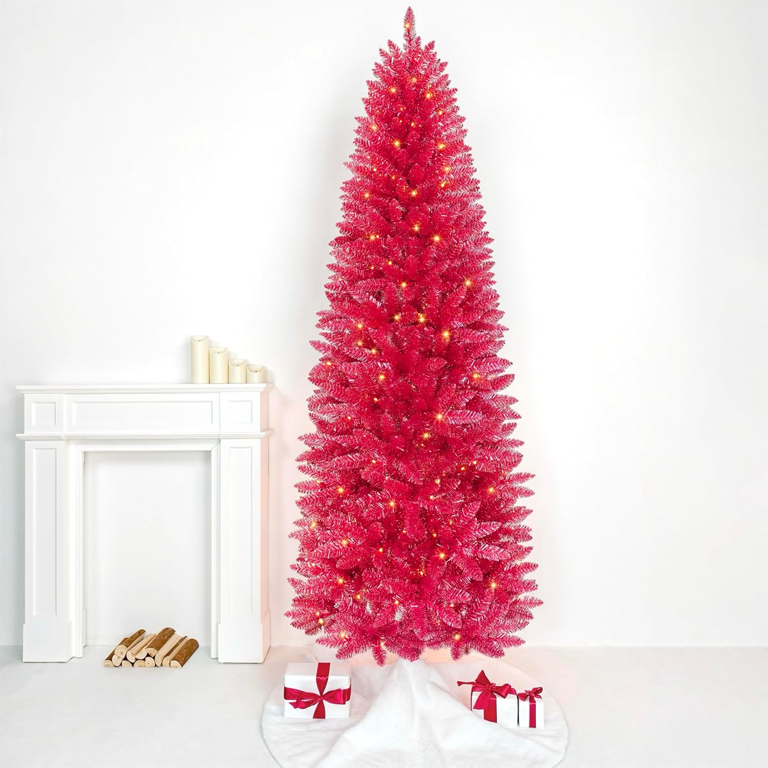 7.5FT Prelit Slim Artificial Pink Tinsel Christmas Tree with 250 Warm White LED Lights, Sparkling Skinny Pencil Metallic Tree for Bedrooms, Living Rooms Modern Holiday Décor Reddish Pink Tinsel With Warm White Lights 7.5FT
