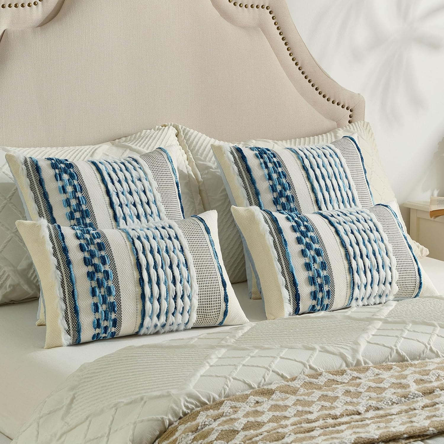 FUTEI Blue Accent Throw Pillow Covers Set of 2, 18x18 Inch Plush Tufted Striped Textured Decorative Cushion Cases for Farmhouse Boho Couch Decor