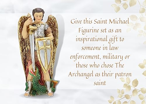 Miniatura 2 de Estatua de San Miguel con tarjeta de oración laminada de San Miguel oración del Señor estatua de Arcángel Miguel de 4 pulgadas con detalles dorados