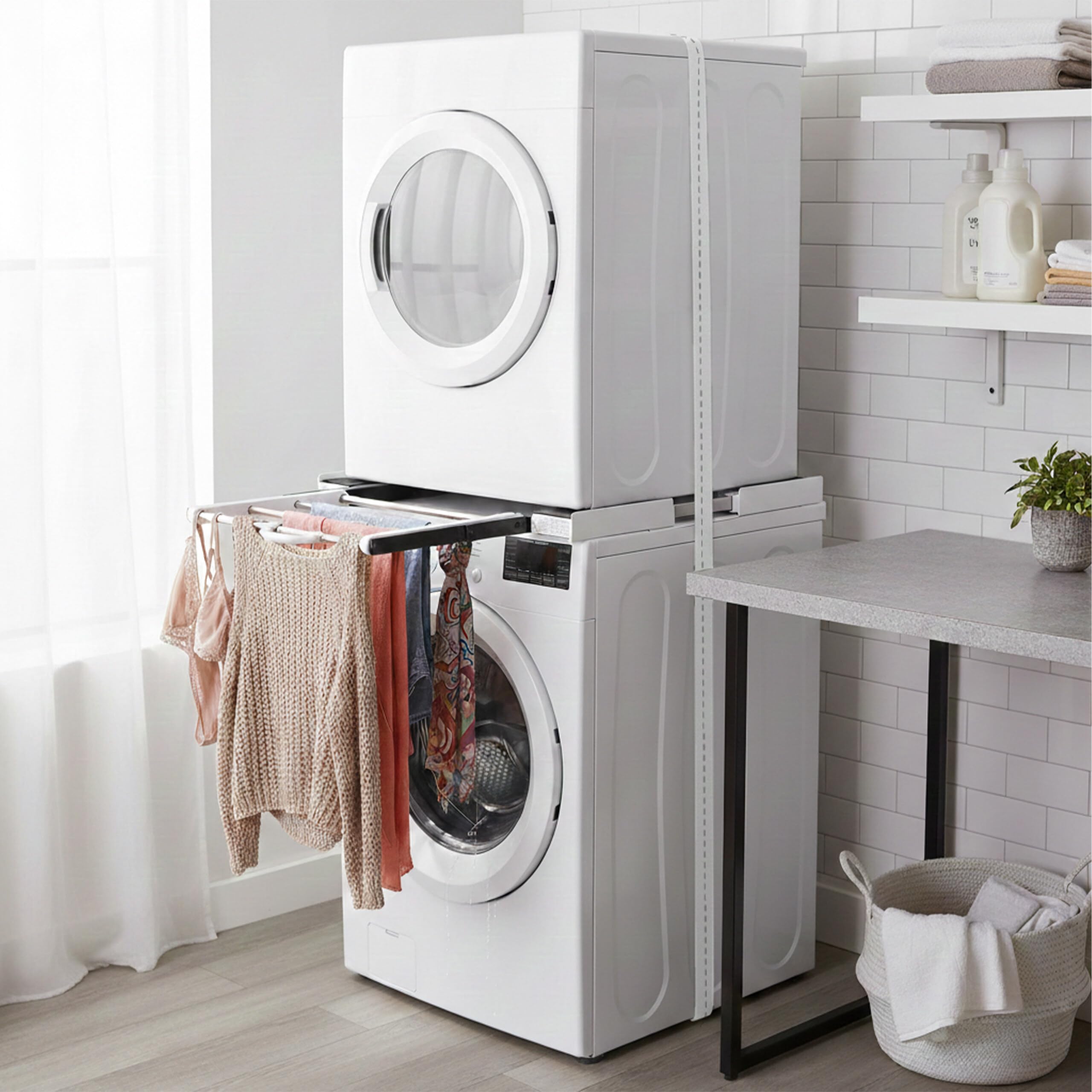 Relaxdays kit telaio impilaggio asciugatrice su lavatrice con cinghia, regolabile 45-72 cm, universale, bianco